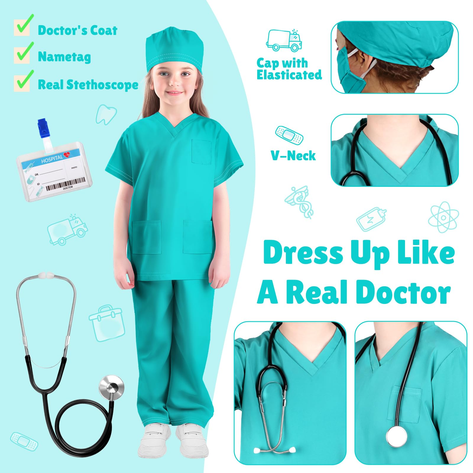 Kids Doctor Costume Set with Scrubs & Accessories - Halloween Dress Up for Toddlers & Children - Perfect for Role Play, Halloween Parties & Pretend Play