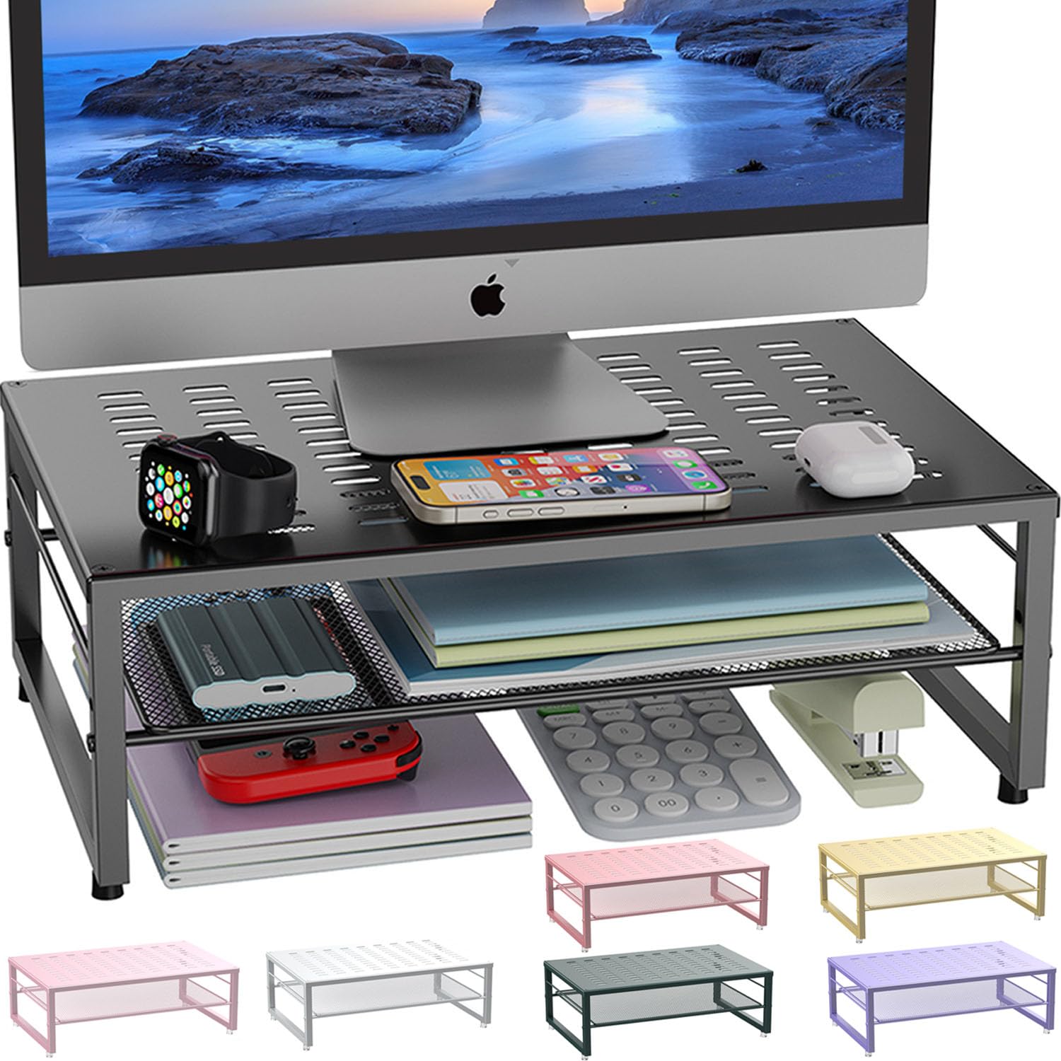 2-Tier Metal Monitor Stand Riser - Black Desk Organizer for Office Supplies | Gianotter Office Desk Storage Accessories | Perfect for Computer Monitors, Laptops & Workspace Organization