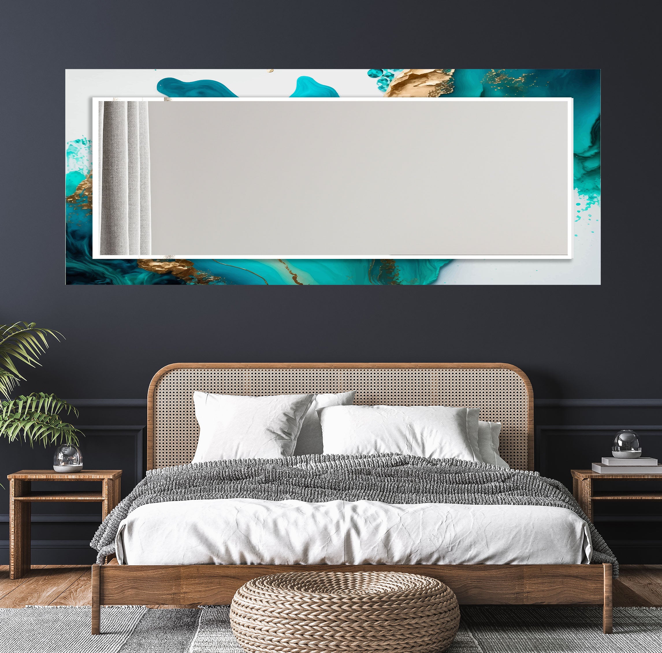 Aqua Marble Glass Wall Mirror with Turquoise Abstract Frame - Elegant Bathroom & Bedroom Decor for Modern Homes
