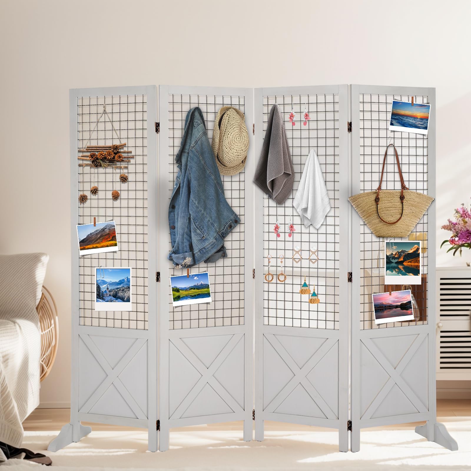 VINGLI 4 Panel Freestanding Room Divider - 5'×5' White Gridwall Display Board with Wooden Frame & Base Feet - Perfect for Craft Shows, Retail Stores, Events, and Home Office Organization