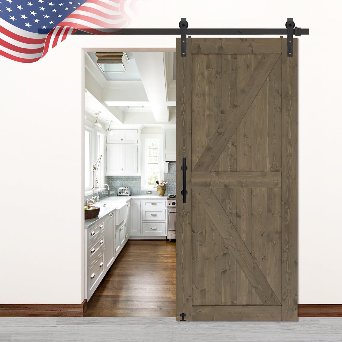 S&Z TOPHAND® 36x84 Inch Elephant Gray British Brace Knotty Barn Door with 6.6FT Sliding Hardware Kit - Solid Wood Double-Sided Handle for Easy DIY Installation - Perfect for Bedroom, Closet, or Farmhouse Style Home Decor