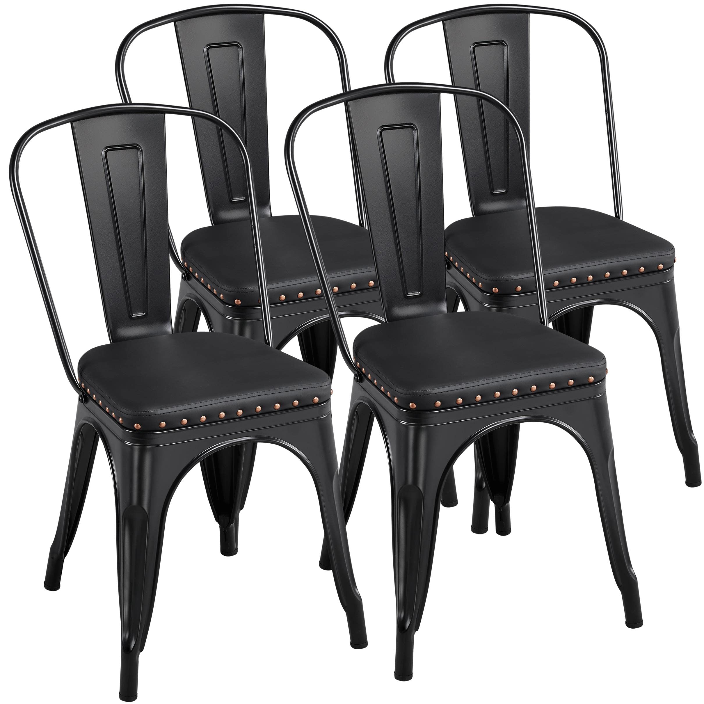 Topeakmart 4-Piece Stackable Metal Dining Chairs Set - 18 Inch Industrial Kitchen Chairs with Soft Cushions for Indoor & Outdoor Use - Perfect for Bistro, Cafe, Restaurant, and Home Dining Areas - Black