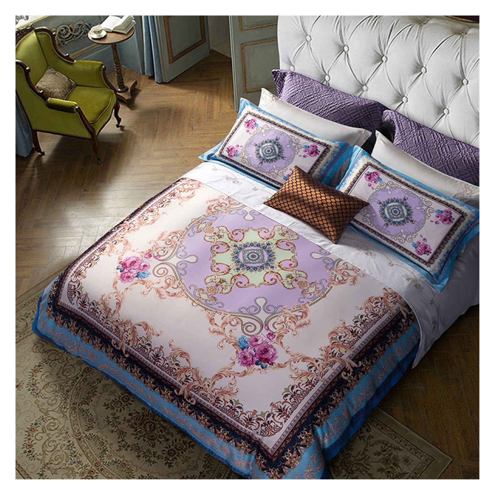 Luxury Bohemian King Queen Size Bedding Set - 4pc Egyptian Cotton Duvet Cover, Flat Sheet & Envelope Pillowcases - Colorful Oriental Design for Master Bedroom Decor - Soft Button Closure Bed Linens for Hotel-Style Comfort