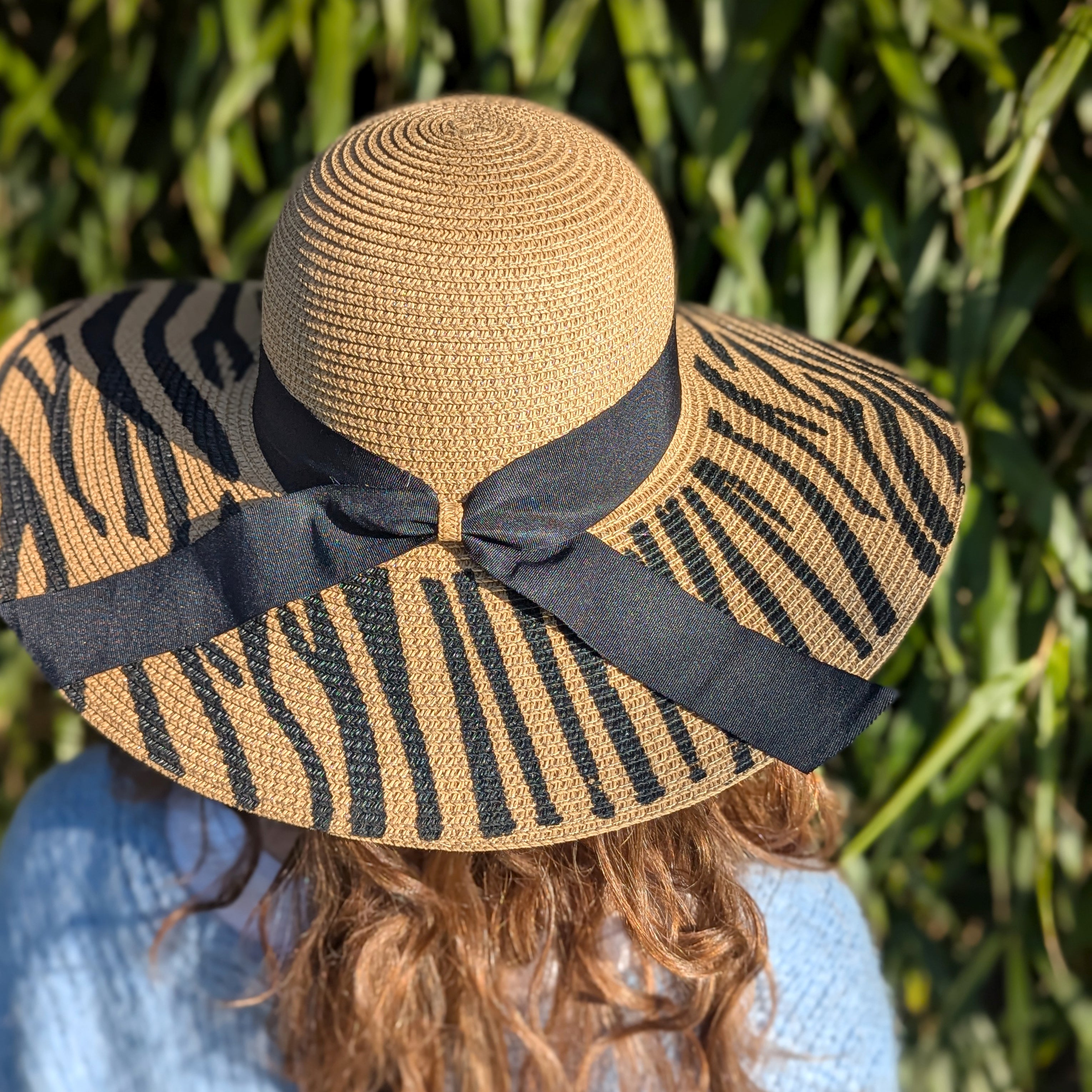 Stylish Zebra Print Wide Brim Foldable Sun Hat (57cm) - Dark Natural/Black for Women | Perfect for Beach, Vacation & Outdoor Activities