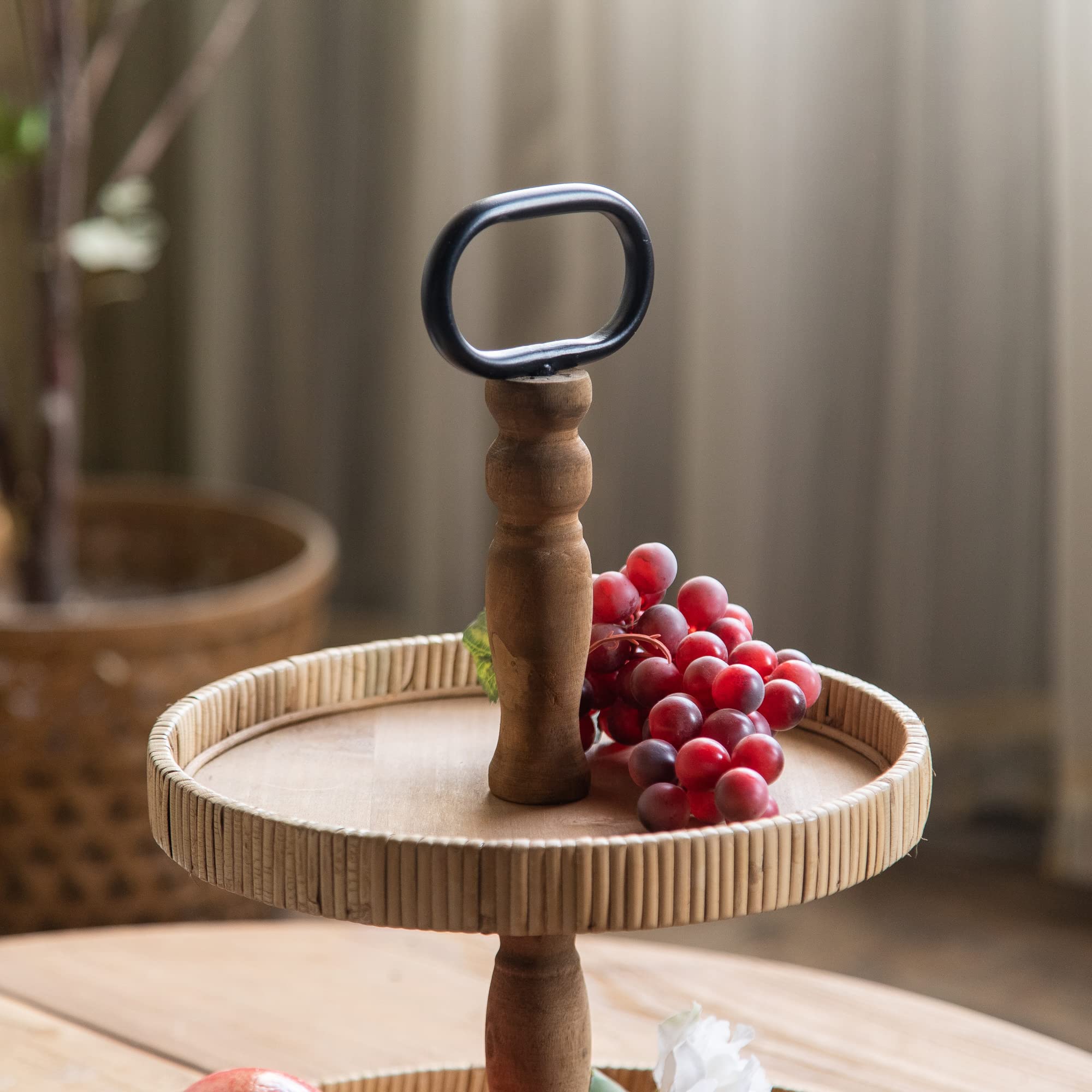 2-Tier Rustic Farmhouse Serving Tray with Metal Handles - Round Wooden Tiered Display Stand for Desserts, Fruits, Snacks, Nuts | Perfect for Kitchen Counter, Dining Table, Coffee Bar & Party Decor (Light Brown)
