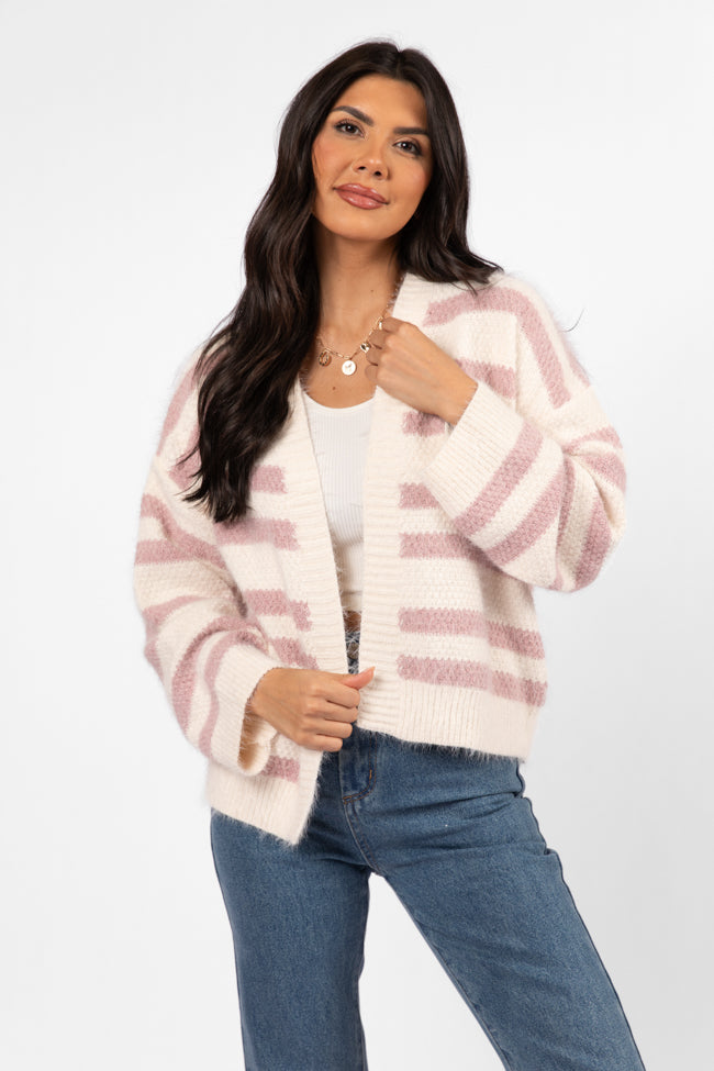 Cozy Mauve & Cream Striped Fuzzy Cardigan for Women - Soft & Warm Knit Sweater - Perfect for Fall & Winter Outfits, Casual Wear & Layering