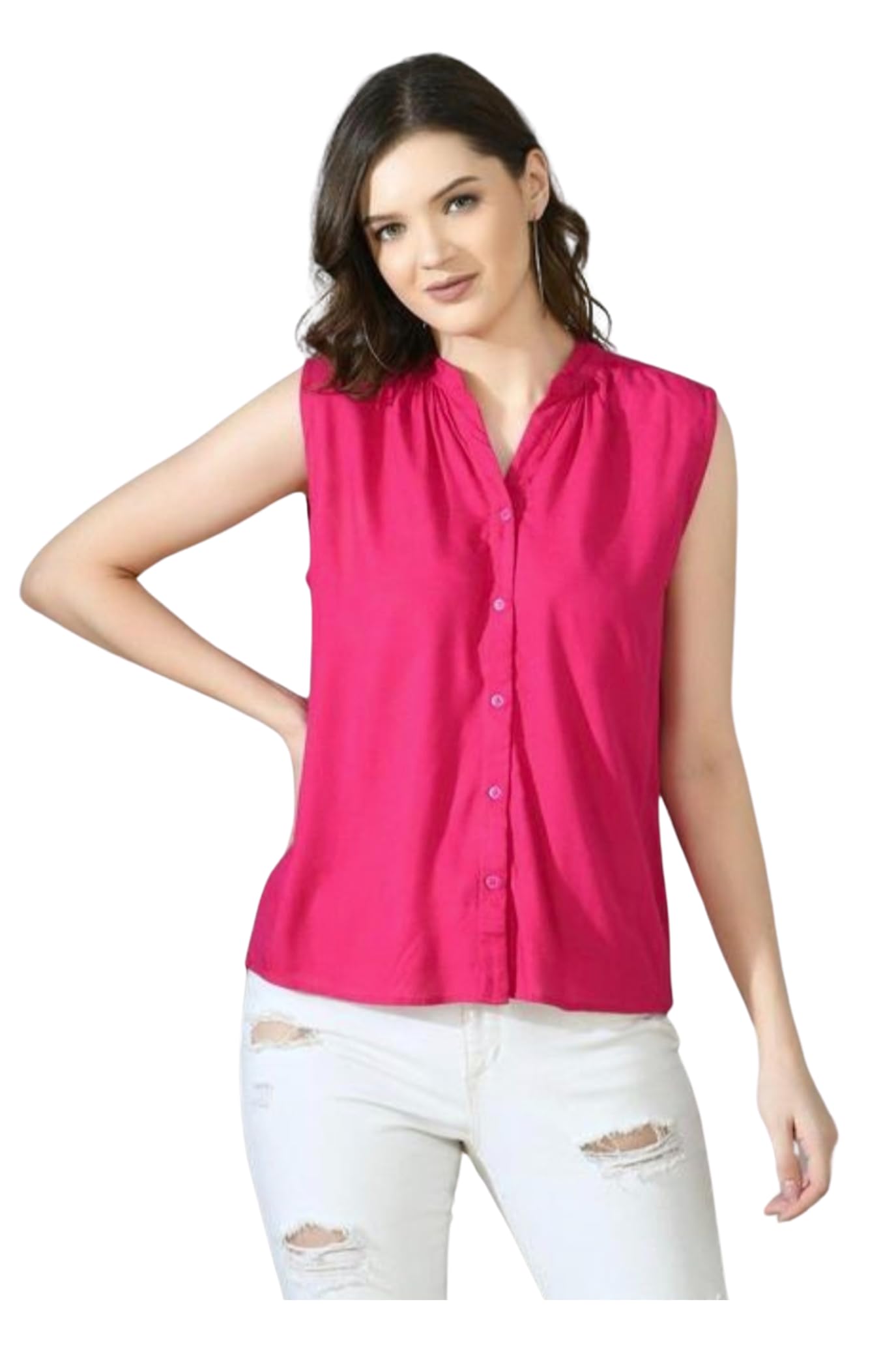 RR Fashion House Women's Sleeveless Solid Casual Top - Button Front Shirt for Women | Summer Wear, Office Outfit, Casual Chic Style