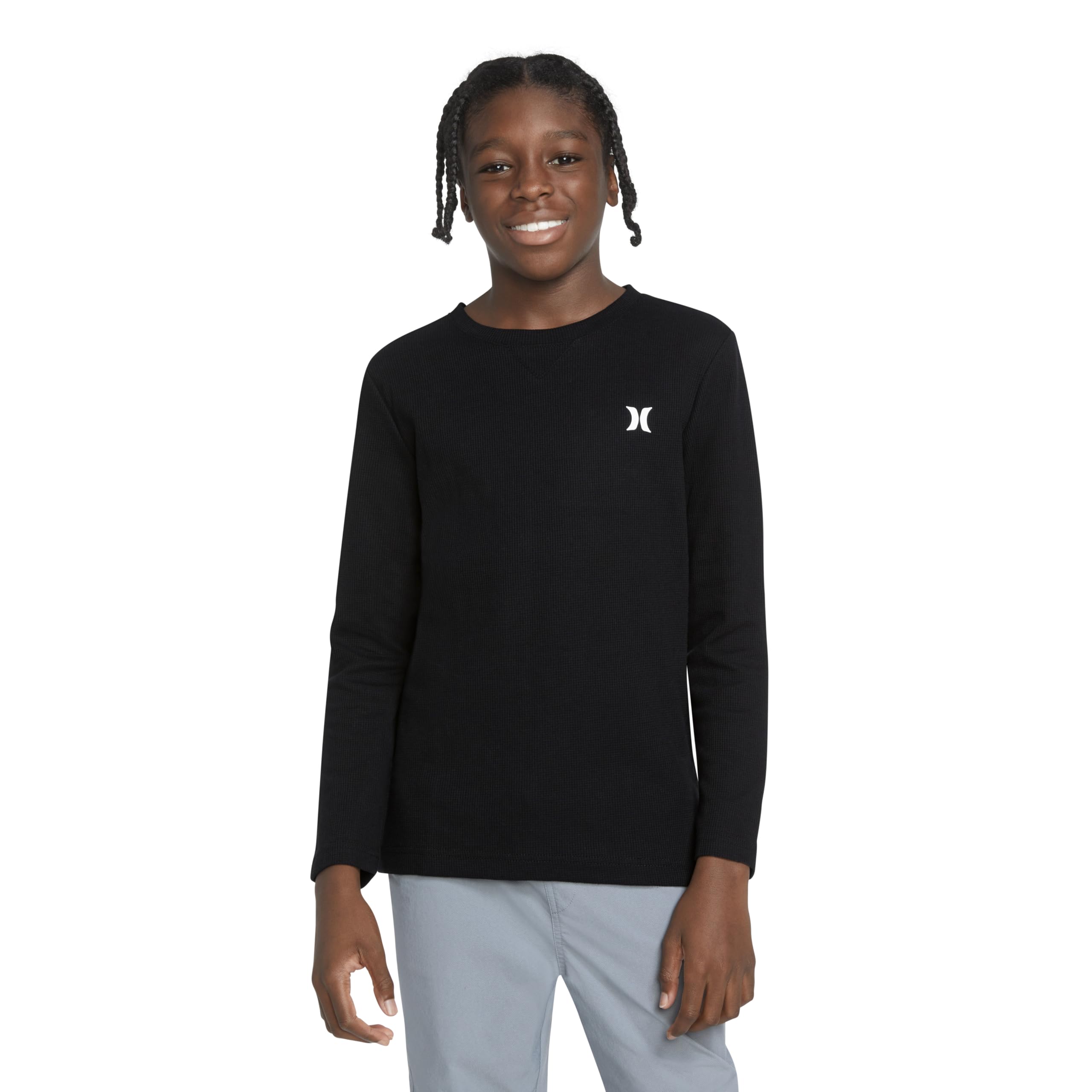 Hurley Boys' Long Sleeve Waffle Knit Shirt - Soft Cotton Thermal Top for Kids, Black | Perfect for School, Outdoor Adventures & Casual Wear