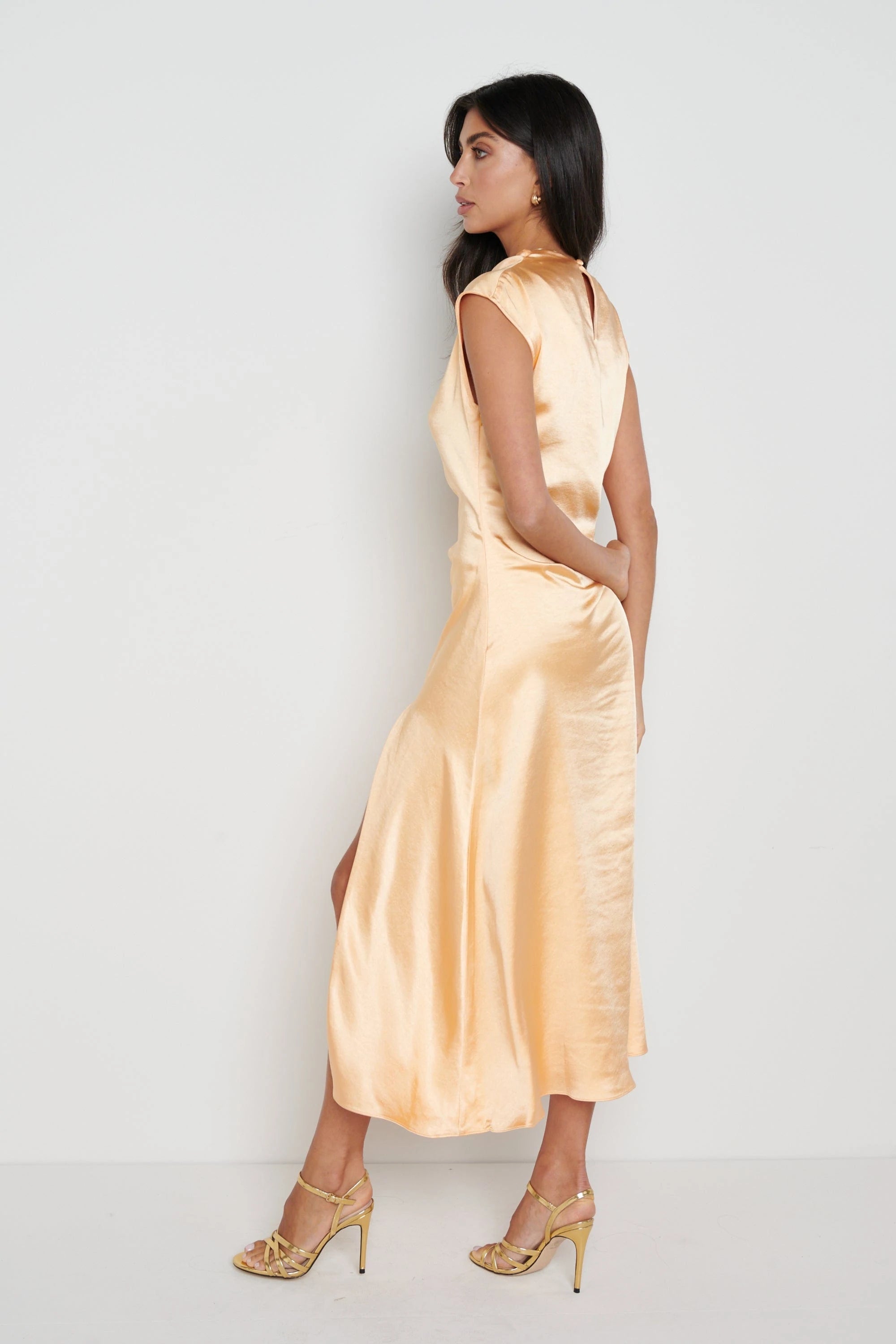 Lilith Women's Satin Midi Dress - Elegant Orange Evening Gown for Party, Wedding & Special Occasions