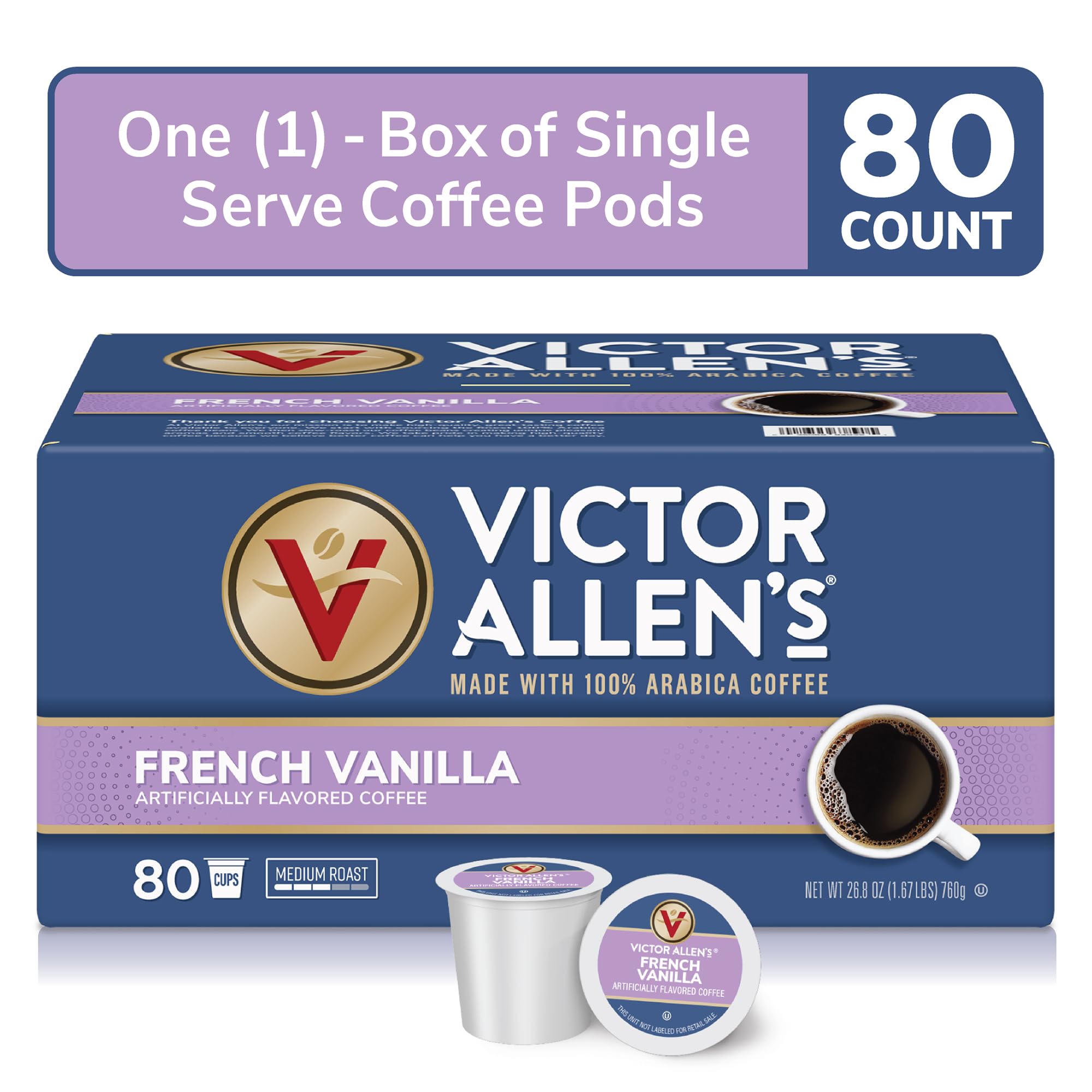 Victor Allen's French Vanilla Medium Roast Coffee Pods - 80 Count K-Cups for Keurig Brewers | Perfect for Office, Home & Morning Coffee Break