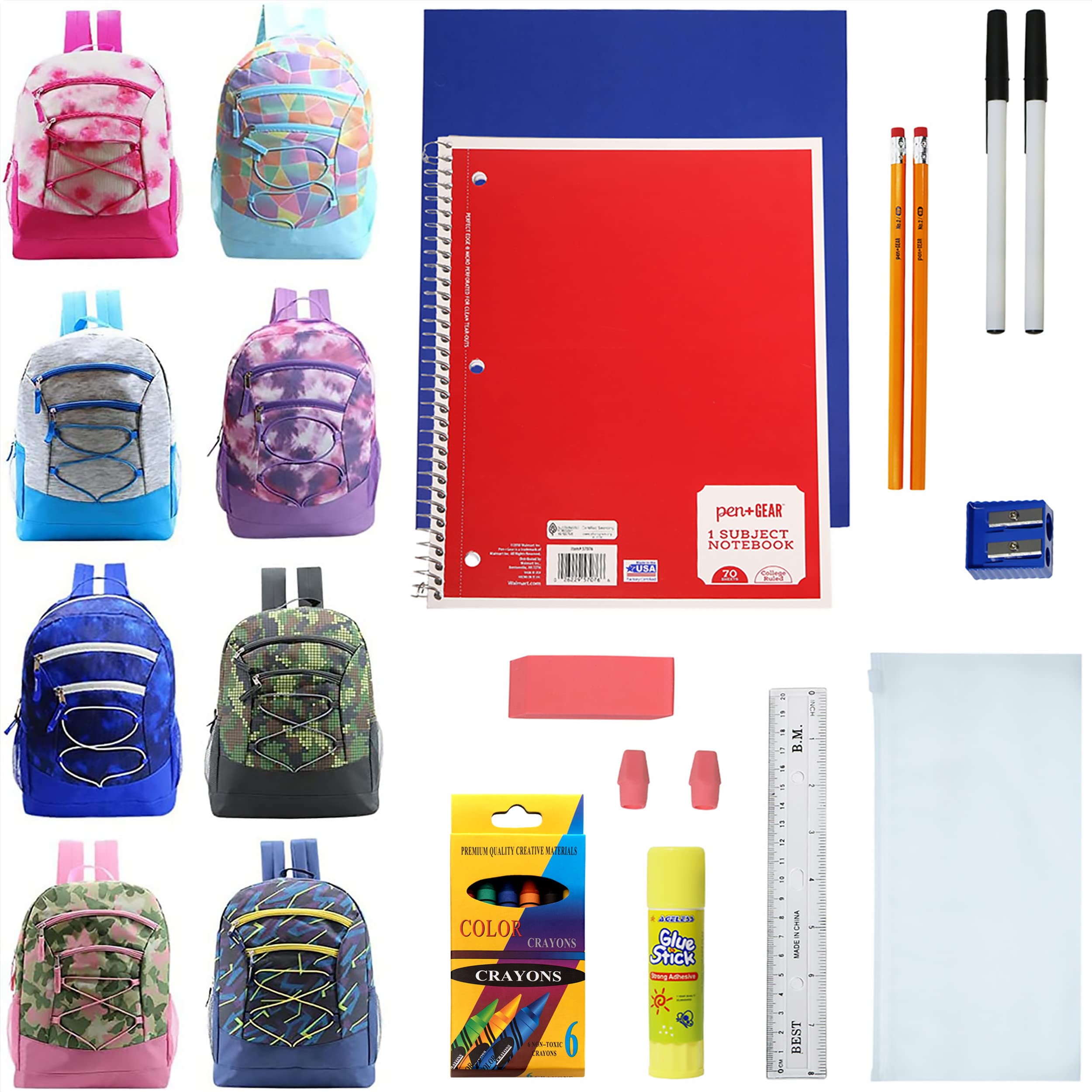 8-Pack 17 Inch Backpacks with 18-Piece School Supplies Kit - Includes Pens, Pencils & Crayons - Bulk Backpack Bundle for Elementary, Middle & High School Students - 8 Colorful Styles - Perfect for School, Travel & Daily Use