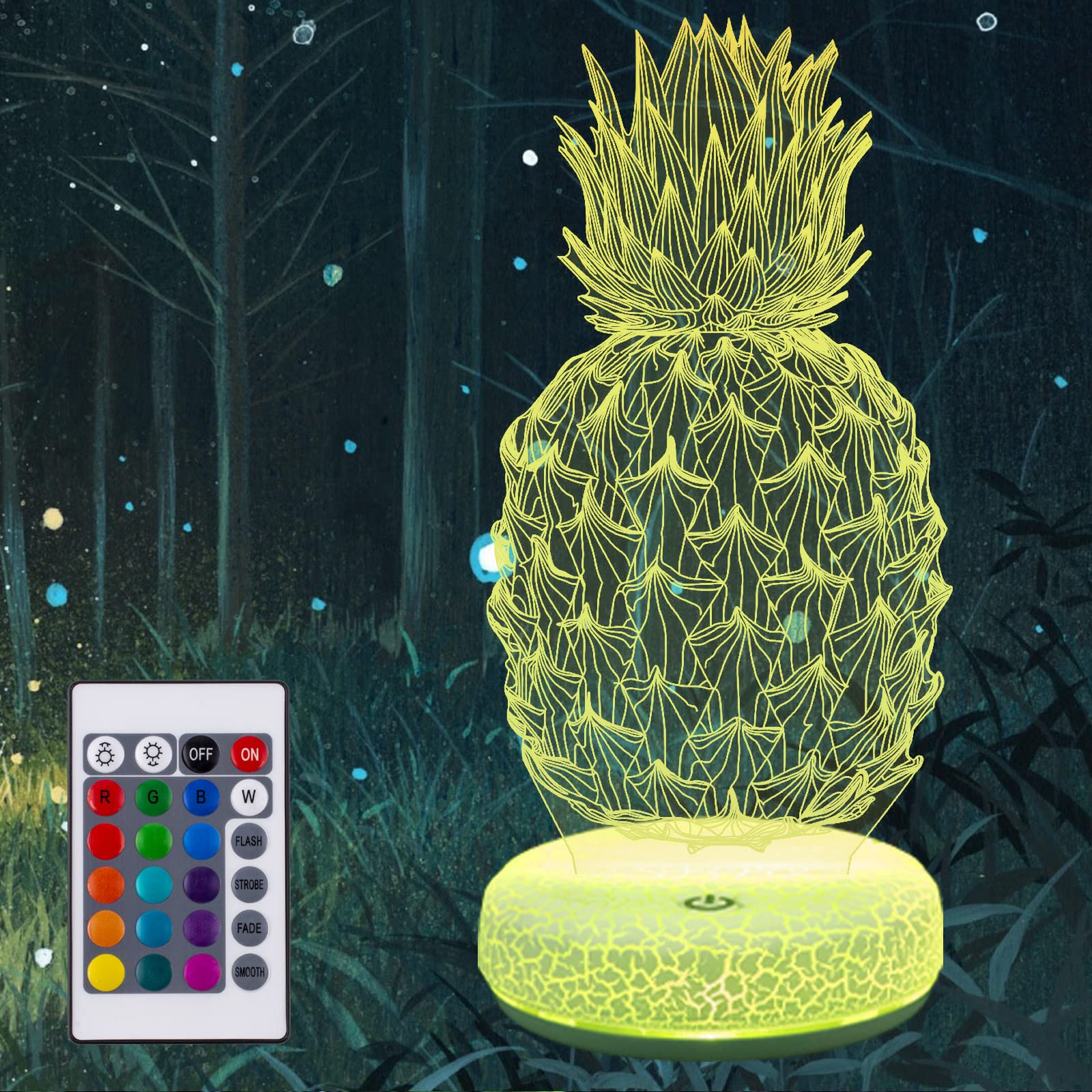 3D Illusion Pineapple Night Light - 16 Color Changing USB Rechargeable LED Lamp with Remote & Touch Control, Ananas Nightlight for Kids Room, Desk Decor, Party Supplies & Birthday Gifts | Perfect for Bedroom, Nursery, Living Room & Home Atmosphere Lighting