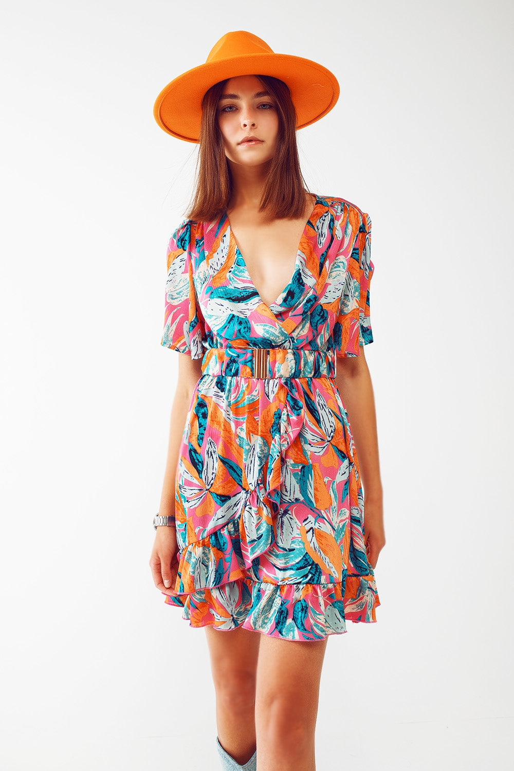 Floral Print Orange Wrap Belted Short Robe - Lightweight Kimono for Women, Lounge Wear, Spa & Beach Cover-Up
