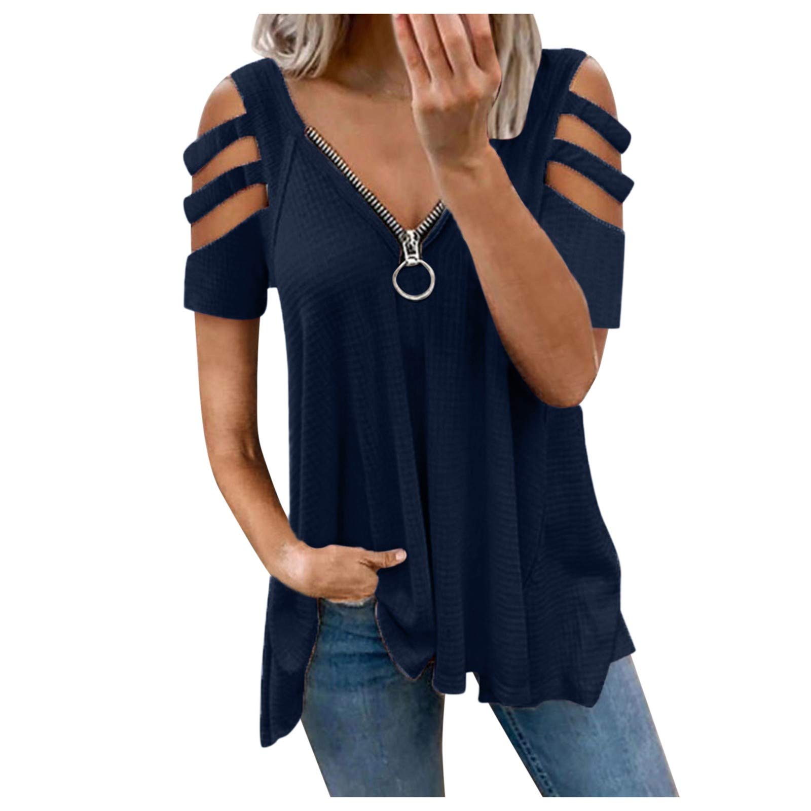 YSWD Women's Off Shoulder Hollow Strapless Tunic Top - Sexy V-Neck Zip Short Sleeve Waffle Blouse Tee for Casual Wear, Date Night & Summer Outfits