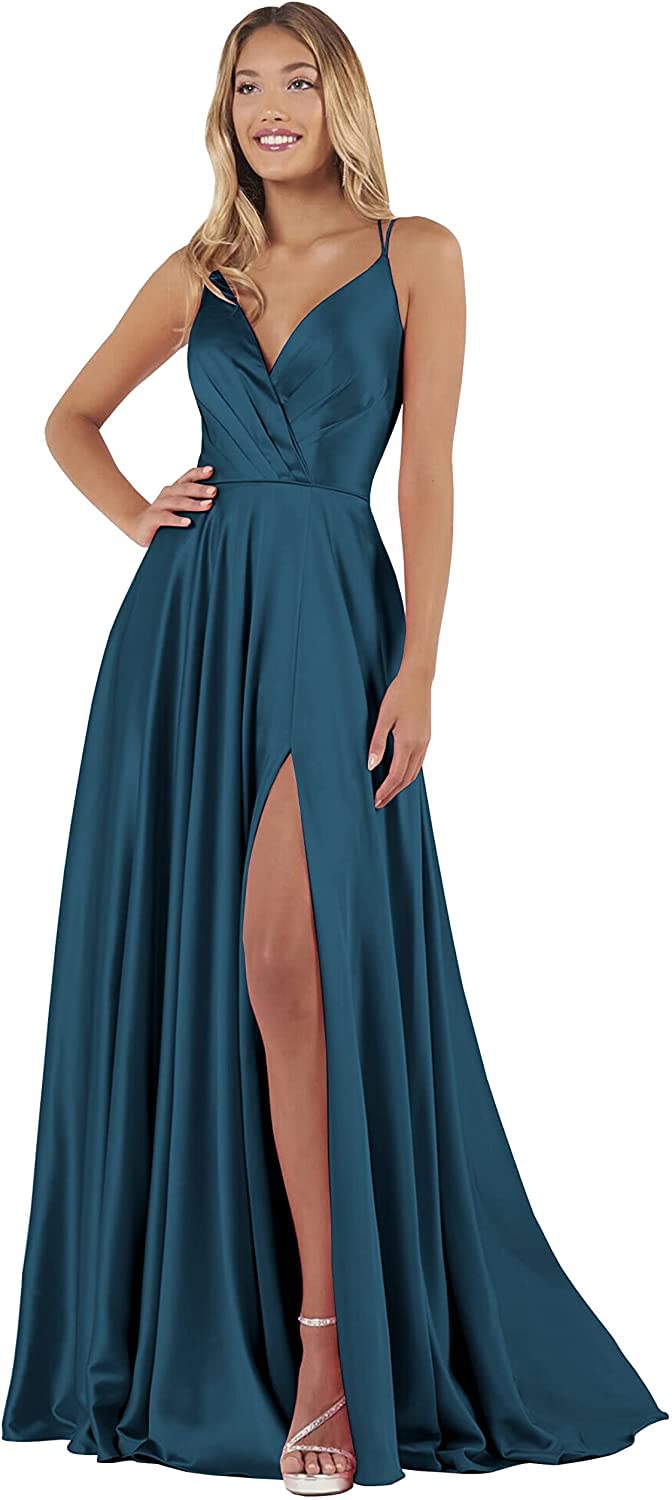 Elegant V-Neck Long Prom Dresses for Women - Satin Pleat A-Line Formal Evening Gown with High Slit | Perfect for Homecoming, Wedding Guest, Cocktail Party & Black Tie Events