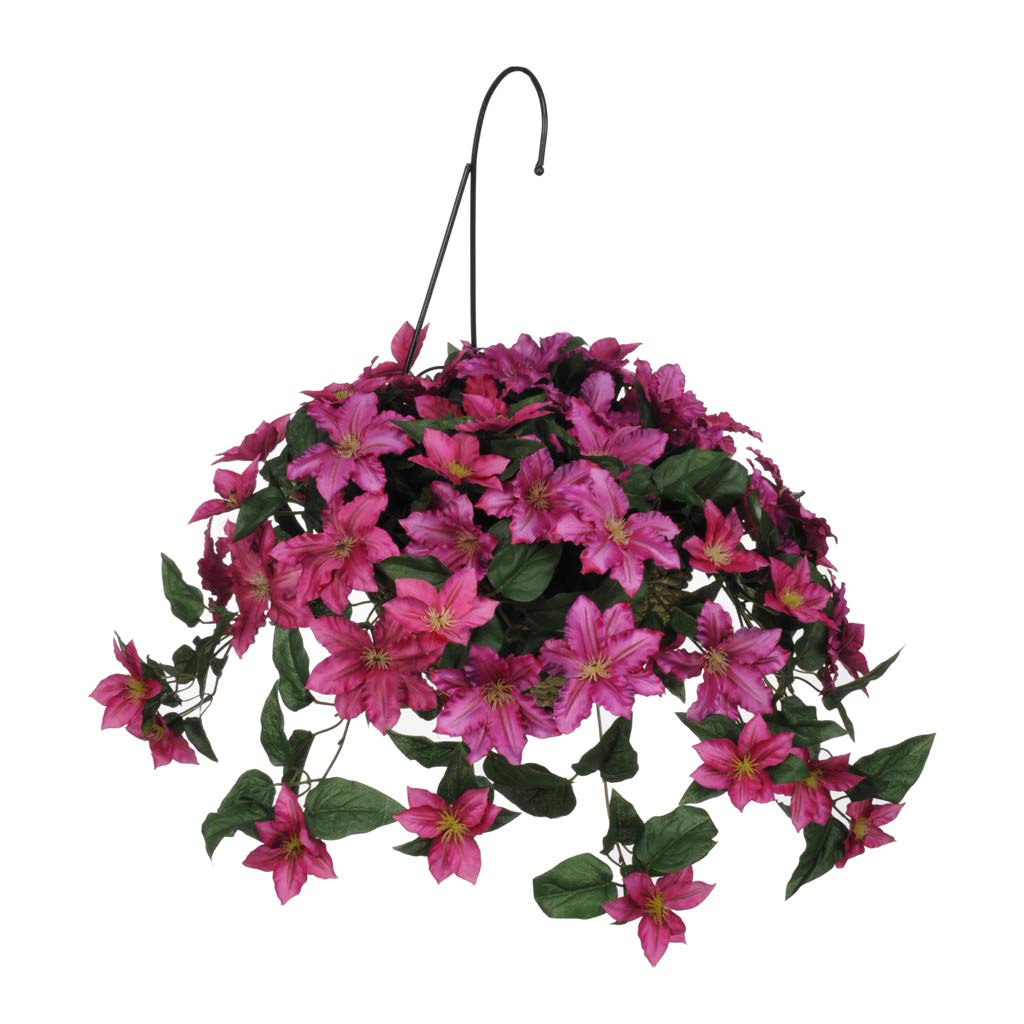 House of Silk Flowers Artificial Pink Clematis in Natural Water Hyacinth Hanging Basket - Perfect for Indoor and Outdoor Garden Decor