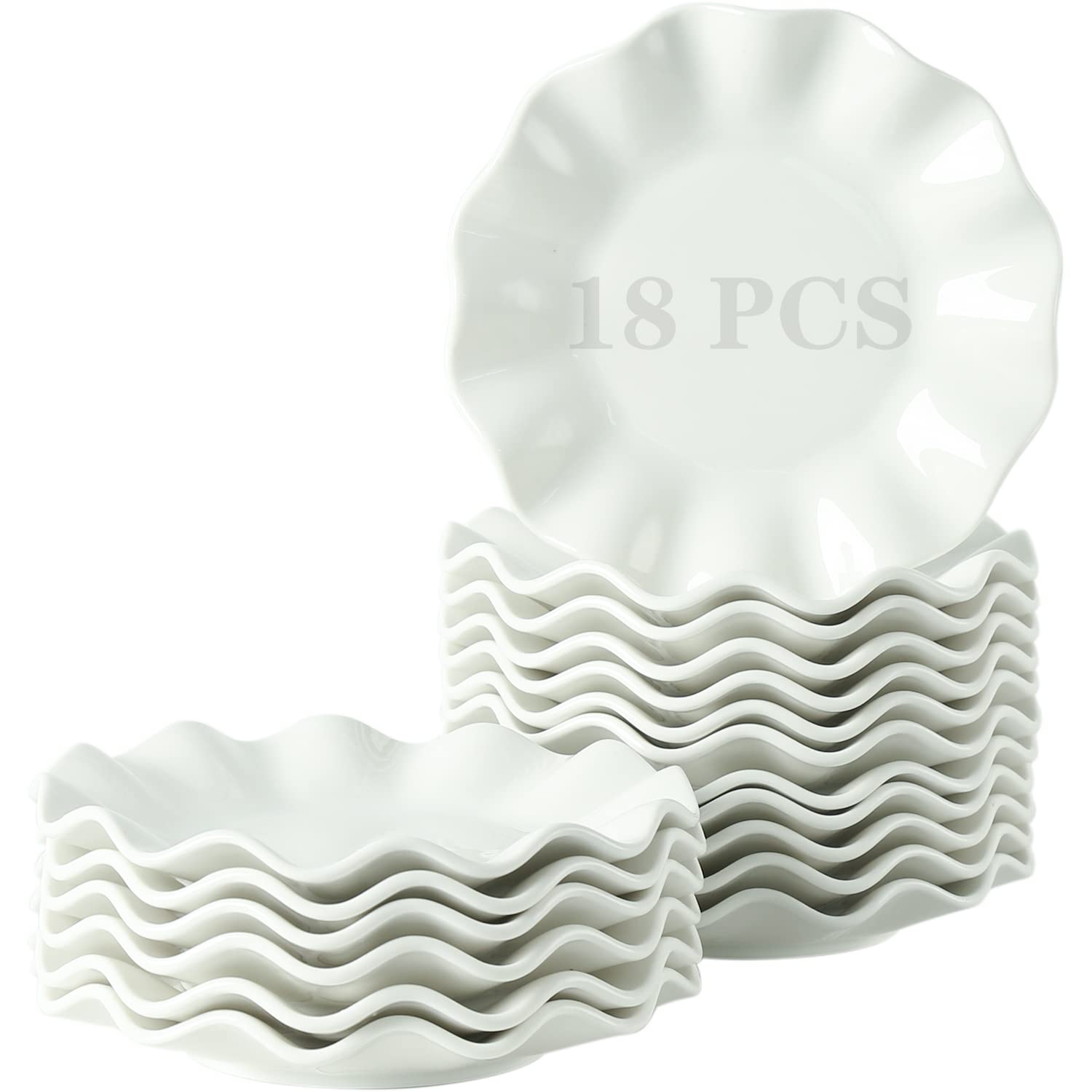 6 Inch Porcelain Appetizer Plates Set of 18 - Small Dinner Plates & Dessert Salad Dishes with White Wave Rim - Microwave, Oven & Dishwasher Safe - Perfect for Cake, Snack, Ice Cream, Waffles, Parties & Home Entertaining