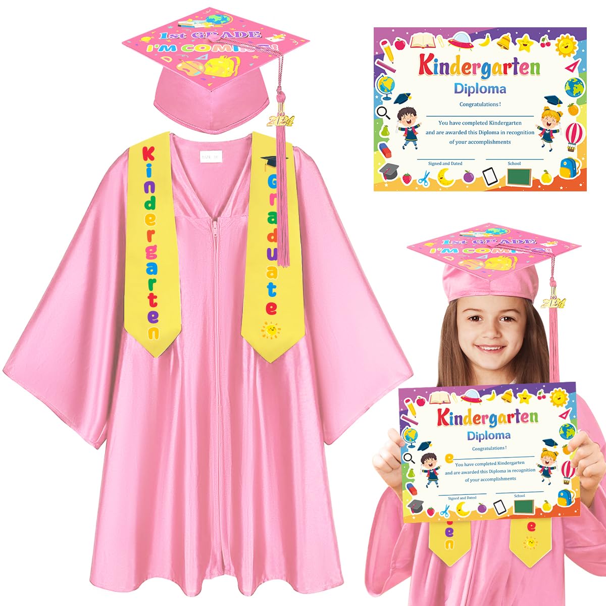 Kindergarten Graduation Cap and Gown Set with Tassel & Stole - Preschool Graduation Certificate for Kids - Perfect for Preschool Ceremony, Kindergarten Celebration & Photo Shoots