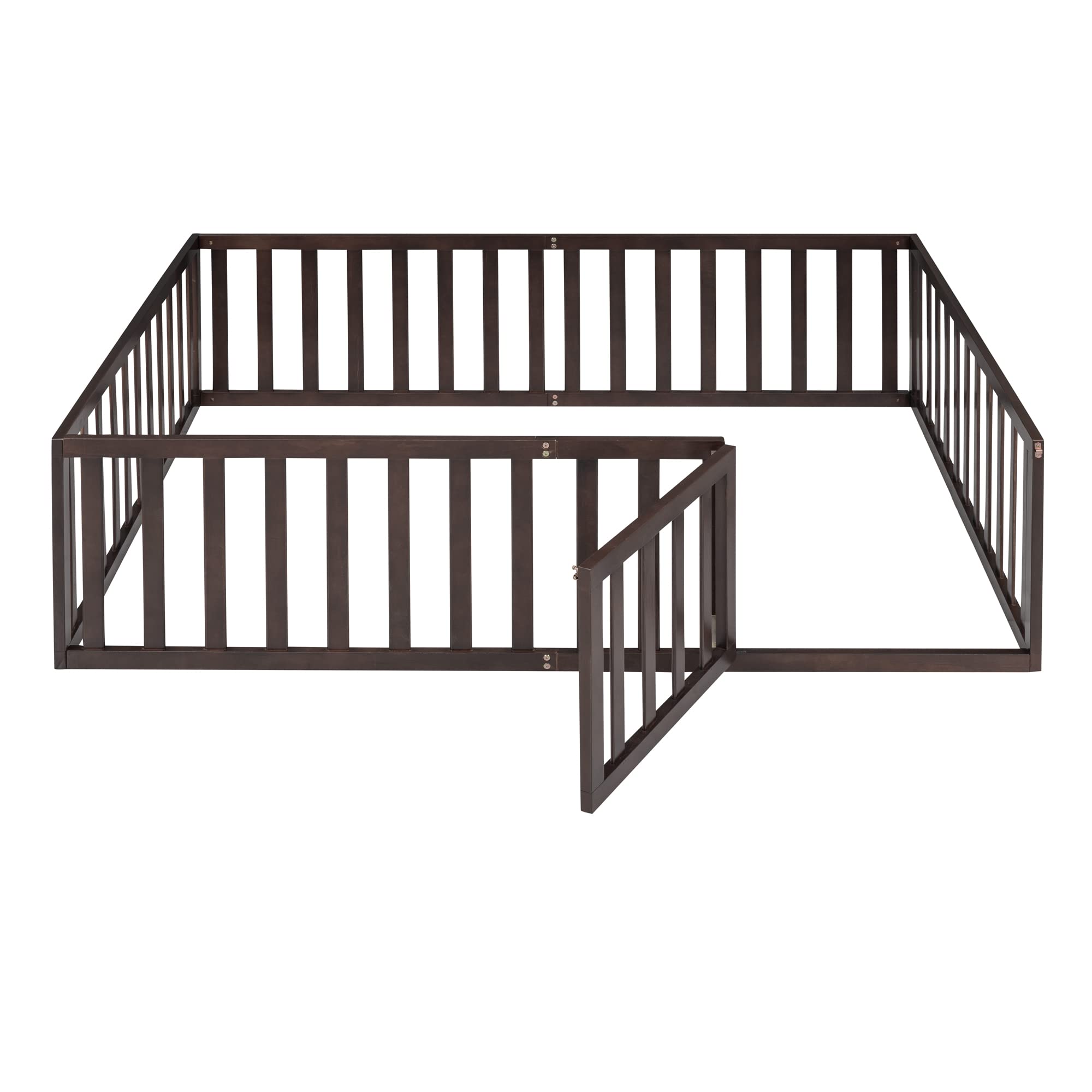 MERITLINE Full Size Wooden Bed Frame with Safety Fence & Door - Montessori Floor Bed for Kids 6+ Years - Easy Assembly - No Box Spring Needed (Walnut) - Perfect for Toddler Rooms & Montessori Bedrooms