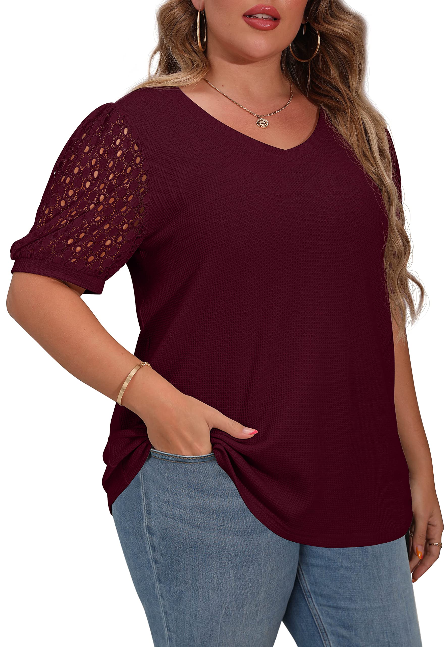 OLRIK Plus Size Tops for Women - Summer Blouse Waffle Knit Short Sleeve Lace Shirts | Casual Wear, Office Outfits & Date Night Fashion