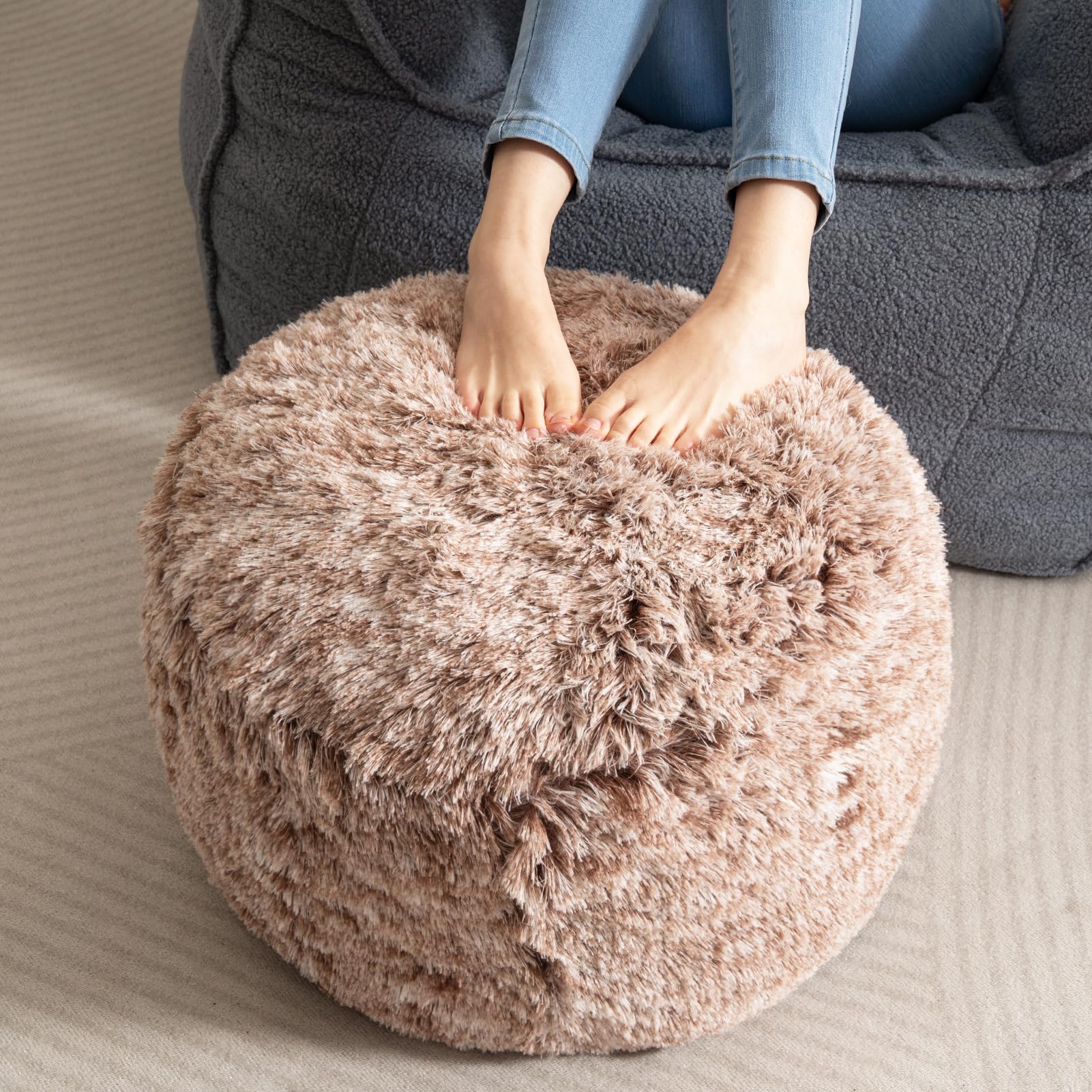 MAXYOYO Round Stuffed Pouf Ottoman - Long Faux Fur Footrest with Foam Chunk Filling, Snow Coffee Color - Perfect for Living Room, Bedroom & Nursery Decor