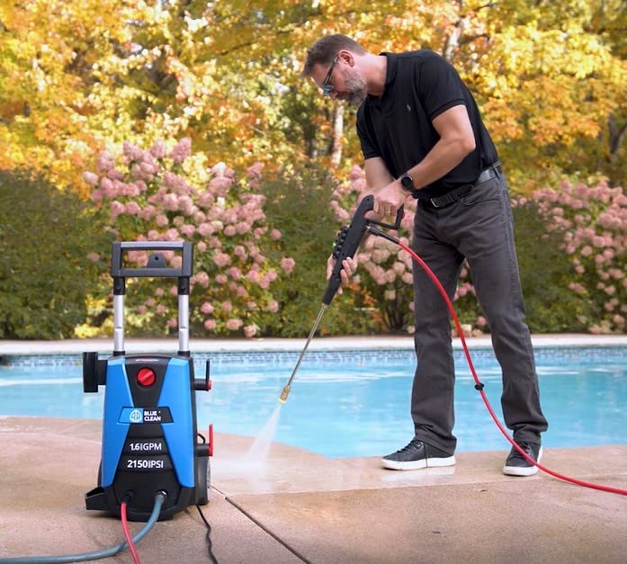 AR Blue Clean BC383HSS Electric Pressure Washer - 2150 PSI, 1.6 GPM, 13 Amps with Quick Connect Accessories | Telescopic Handle & On Board Storage | Portable High Pressure Cleaner for Cars, Patios, Driveways & Home Exterior Cleaning