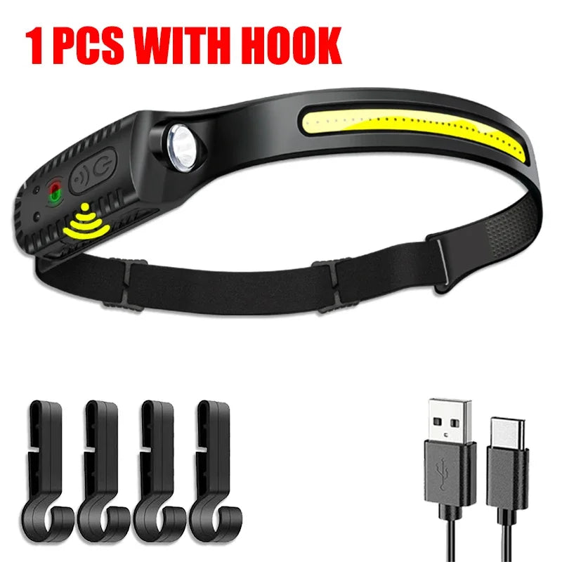 USB Rechargeable LED Sensor Headlamp - XPE+COB Bright Headlight with Motion Detection, Adjustable Head Torch for Camping, Hiking, Fishing & Outdoor Activities | Waterproof Flashlight for Night Work & Emergency Use