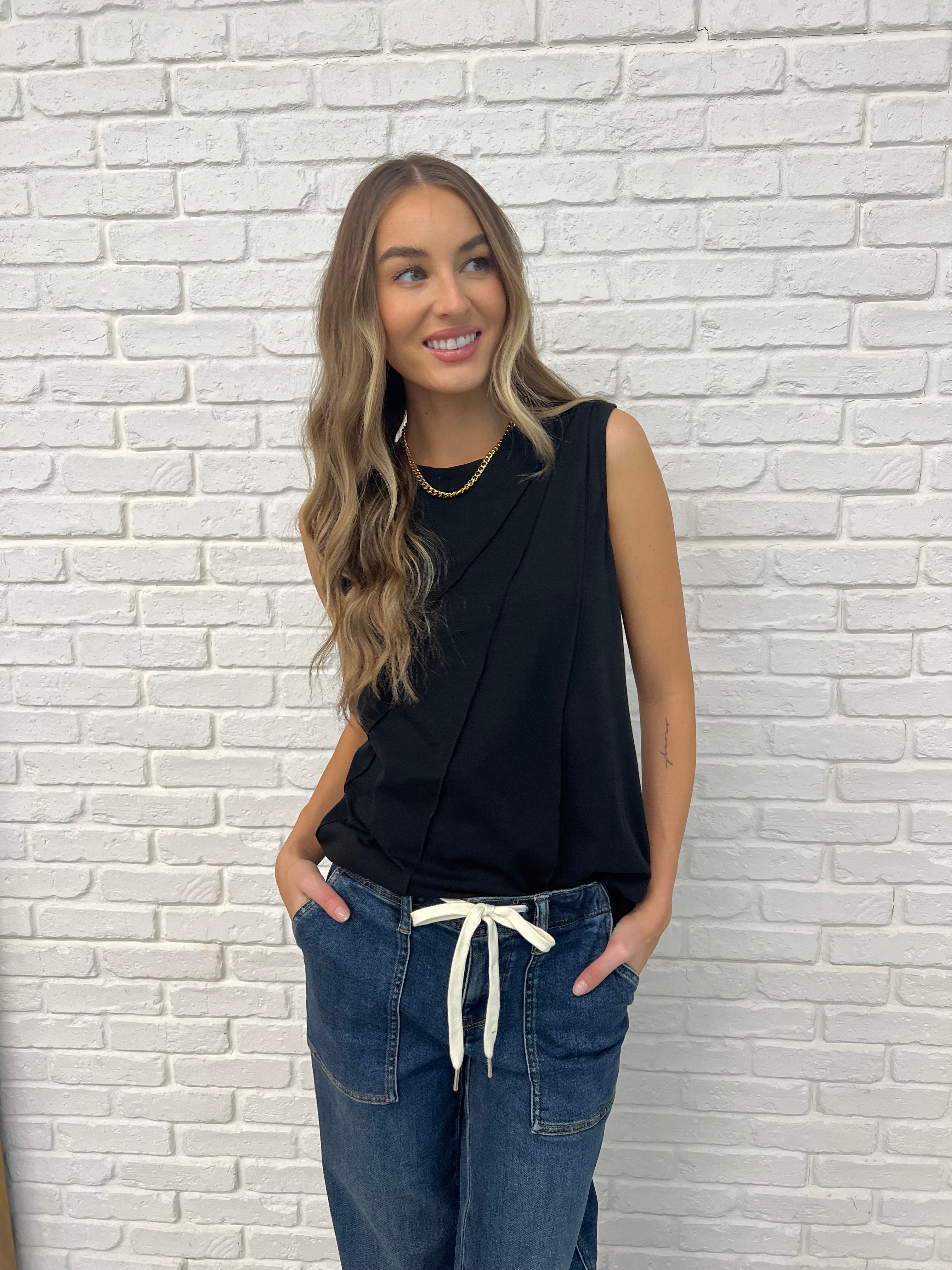 Stylish Black Pleat Detail Sleeveless Top for Women | Trendy Summer Blouse | Perfect for Office Wear, Casual Outings & Date Nights