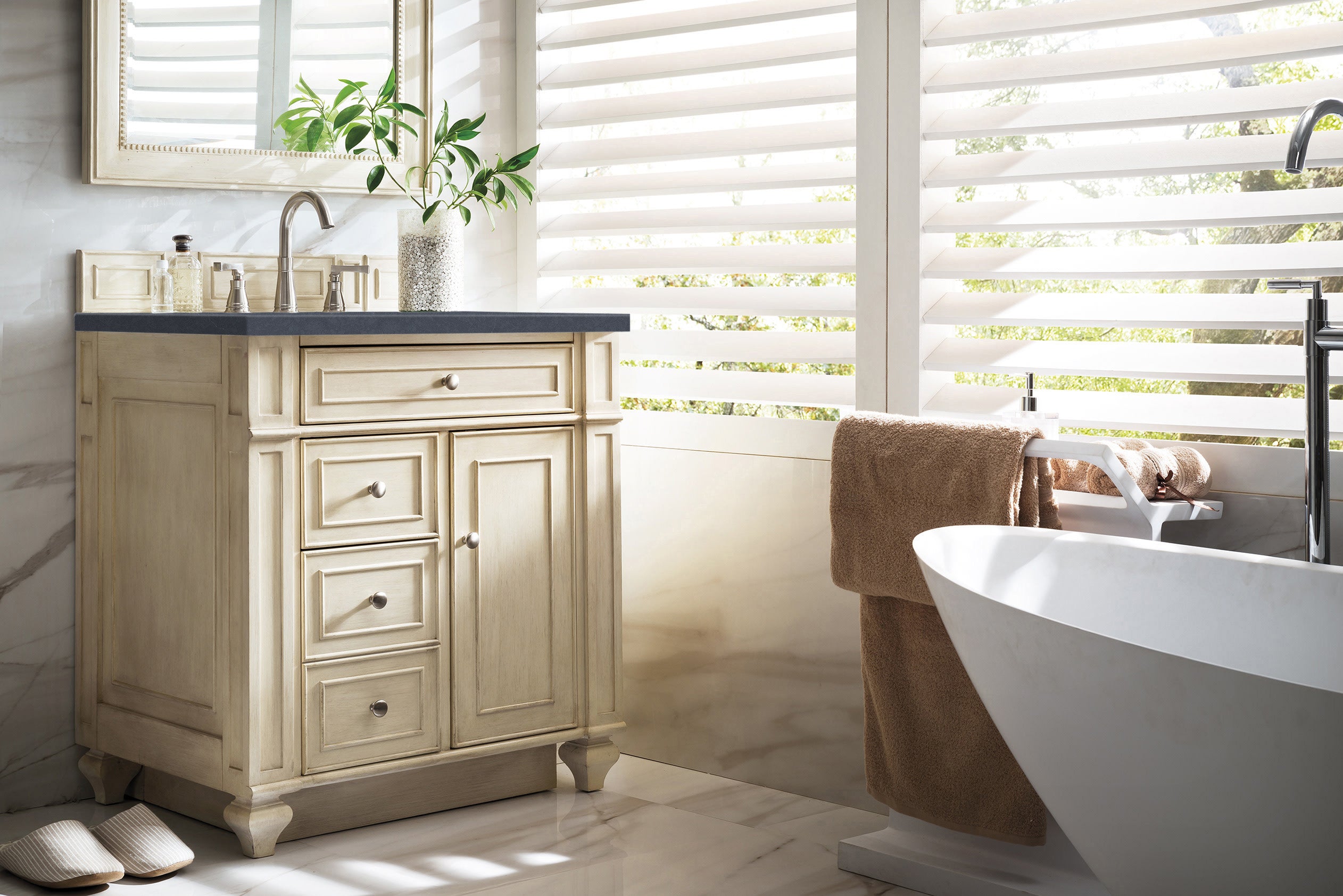Bristol 30-Inch Single Bathroom Vanity Set with Vintage Vanilla Finish & 3CM Charcoal Soapstone Quartz Countertop - Perfect for Small Bathrooms, Powder Rooms & Modern Home Renovations