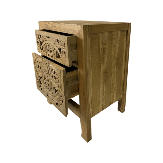 Hand Carved Brown Wood Nightstand - Natural Solid Wood Bedside Table for Bedroom, Living Room & Office - Stylish & Durable Furniture for Home Decor
