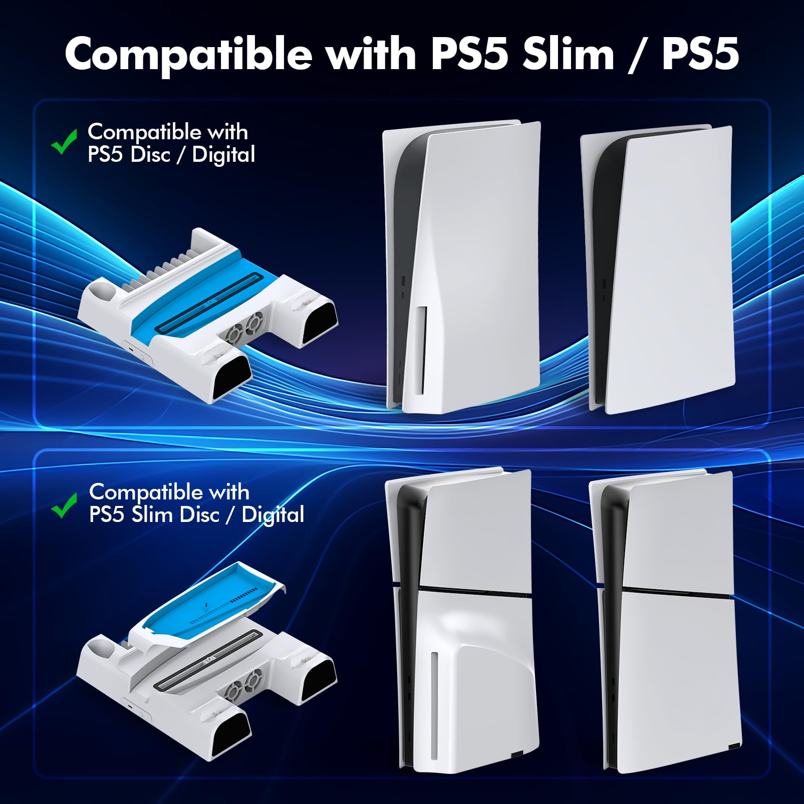 PS5 Slim & PS5 Cooling Stand with Dual Controller Charger - White Cooling Fan Station for PlayStation 5 Console | Includes Headset Holder & 11 Game Storage Slots | Perfect for Gaming Setups & Entertainment Centers