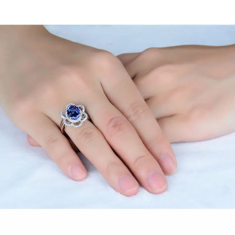18K White Gold Blue Tanzanite Wedding Ring for Women - Princess Diana Inspired Floral Engagement Ring for Brides, Anniversaries & Special Occasions
