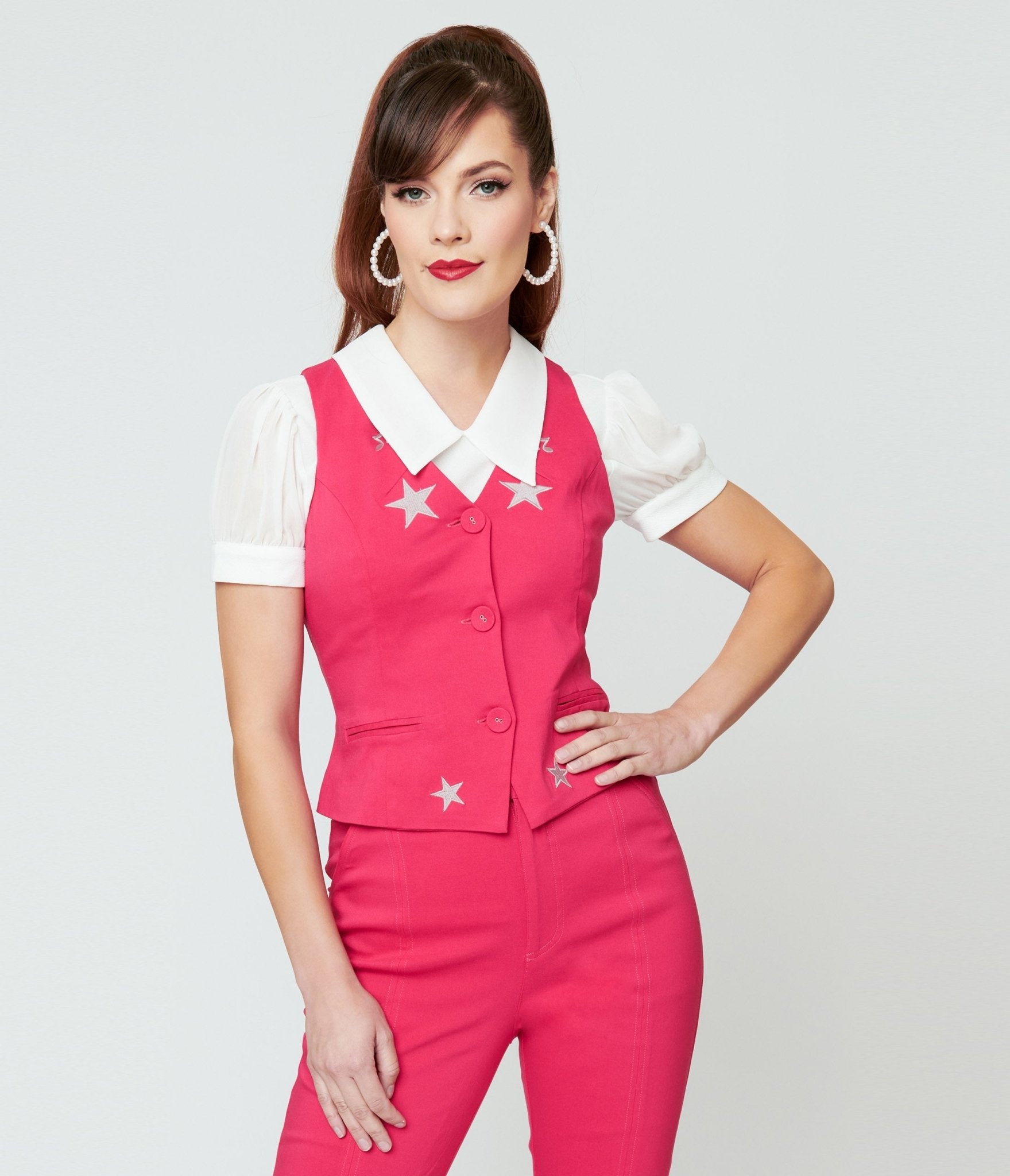 Vintage 1970s Pink Glitter Star Button Up Vest - Retro 70s Costume, Party Outfit & Hippie Fashion for Women