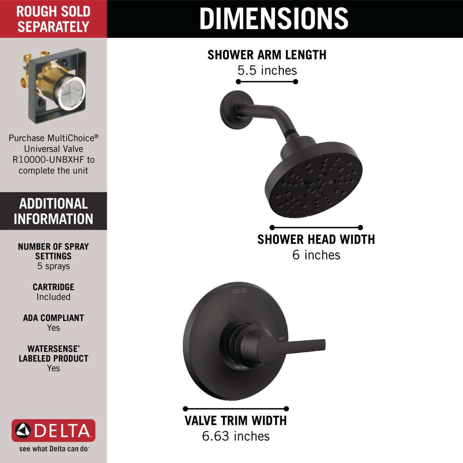 Delta Faucet Galeon Single Handle Matte Black Shower Faucet Set with H2Okinetic Shower Head - T14272-BL (Valve Not Included) - Modern Bathroom Upgrade for Spa-Like Shower Experience