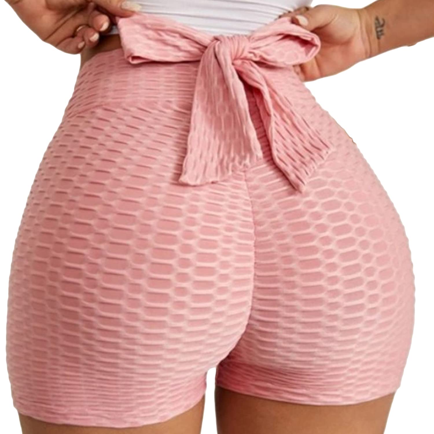 Butt Lift Bowknot Leggings for Women - High Waisted Tummy Control Workout Shorts with Scrunch Detail - Sexy Ruched Hot Pants (Light Pink, Medium) - Perfect for Gym, Yoga, Running & Casual Wear