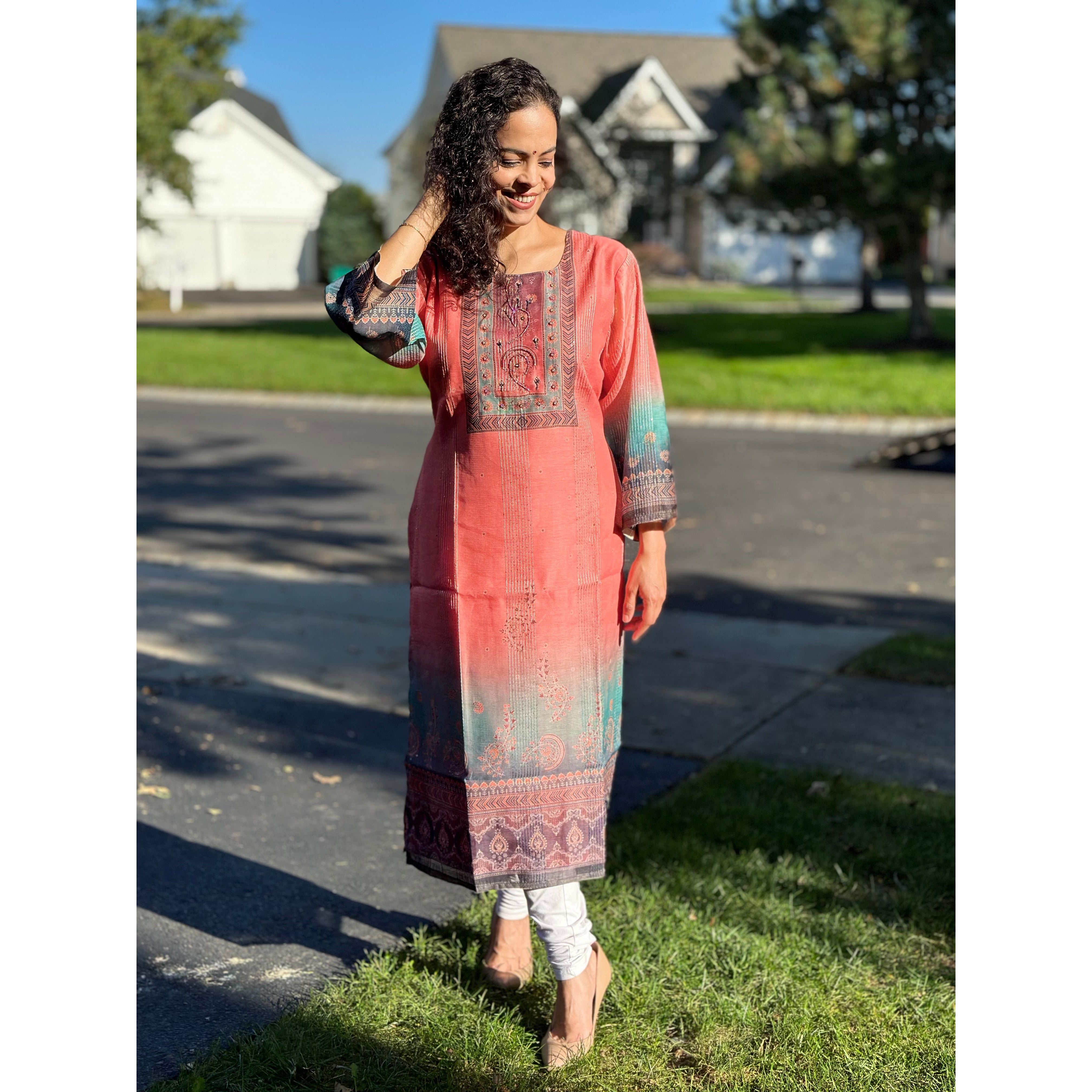 Elegant Printed Peach Silk Kurta for Women - Comfortable & Stylish Indian Ethnic Wear for Festivals, Weddings & Casual Outings