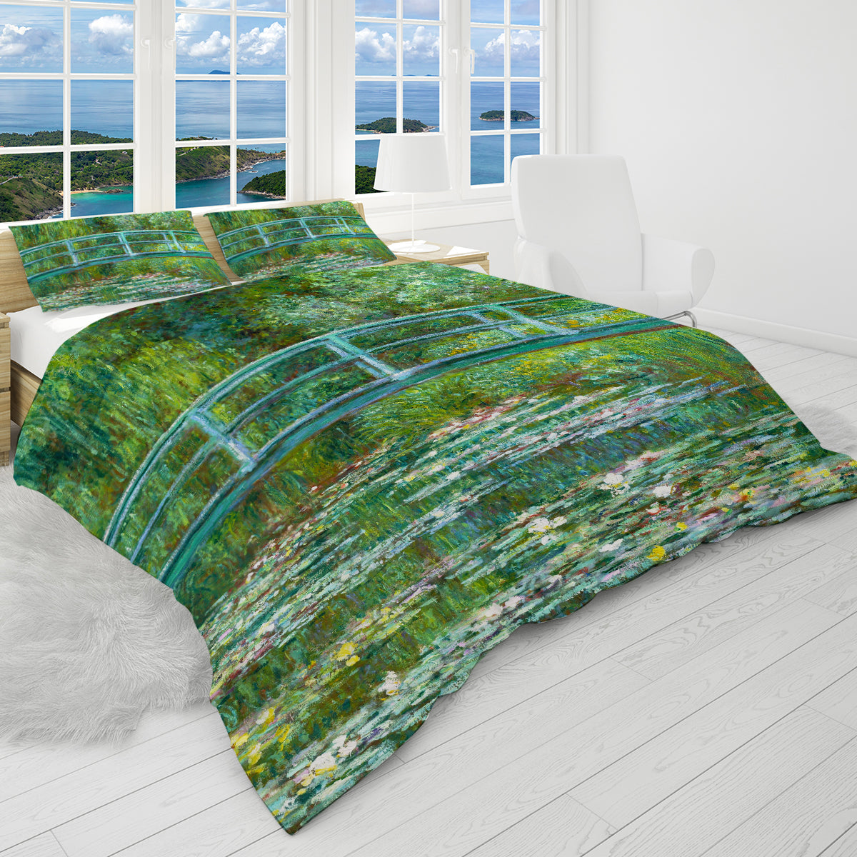 Claude Monet Water Lily Pond Reversible Duvet Cover Set - Impressionist Floral Bedding for Master Bedroom & Guest Room Decor