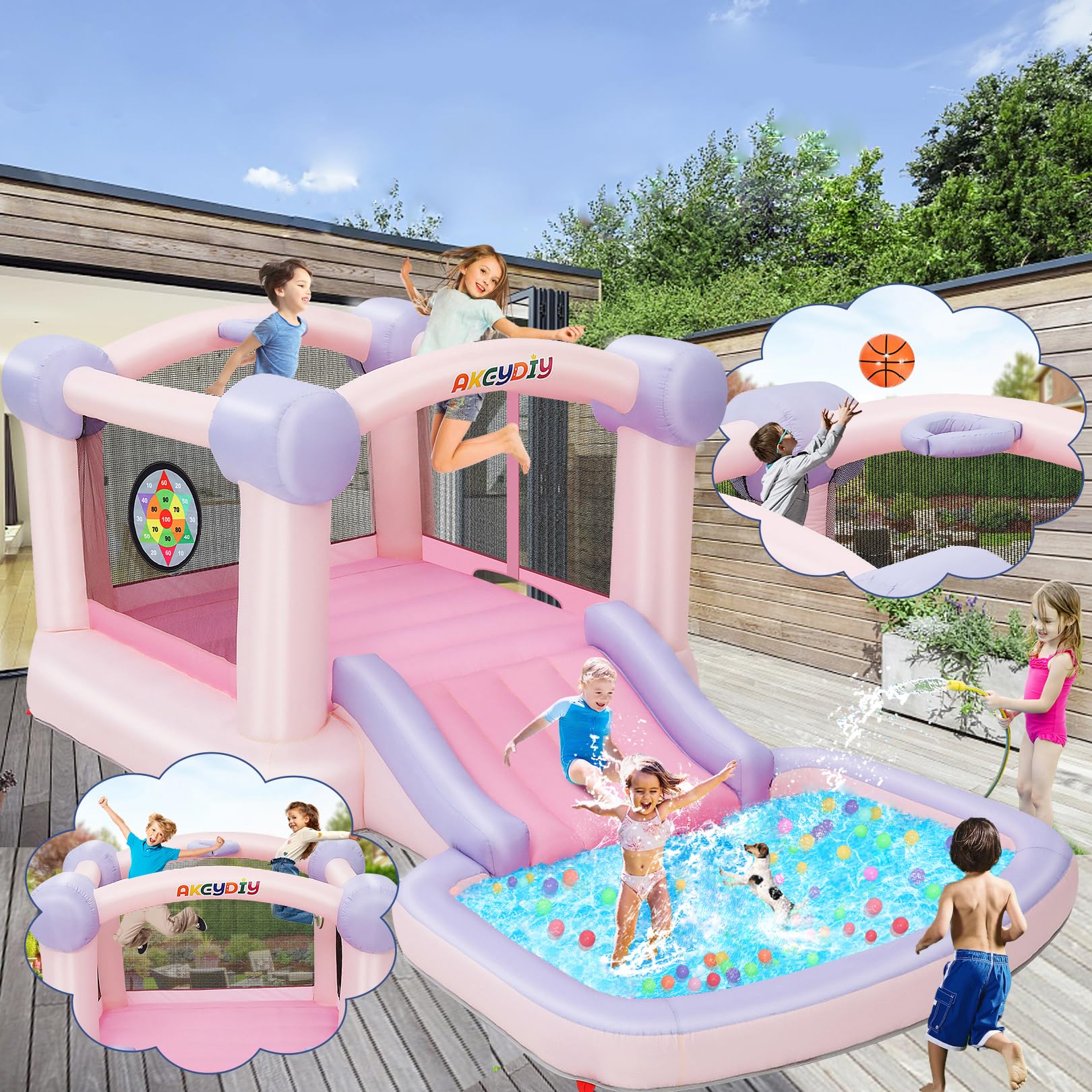 Pastel Inflatable Bounce House with Slide - 161x82x63 Inch Kids Bouncy Castle | Includes Blower, Basketball Hoop & 50 Pastel Balls | Indoor & Outdoor Party Playhouse for Boys & Girls Birthday | Perfect for Backyard, Park & Birthday Celebrations