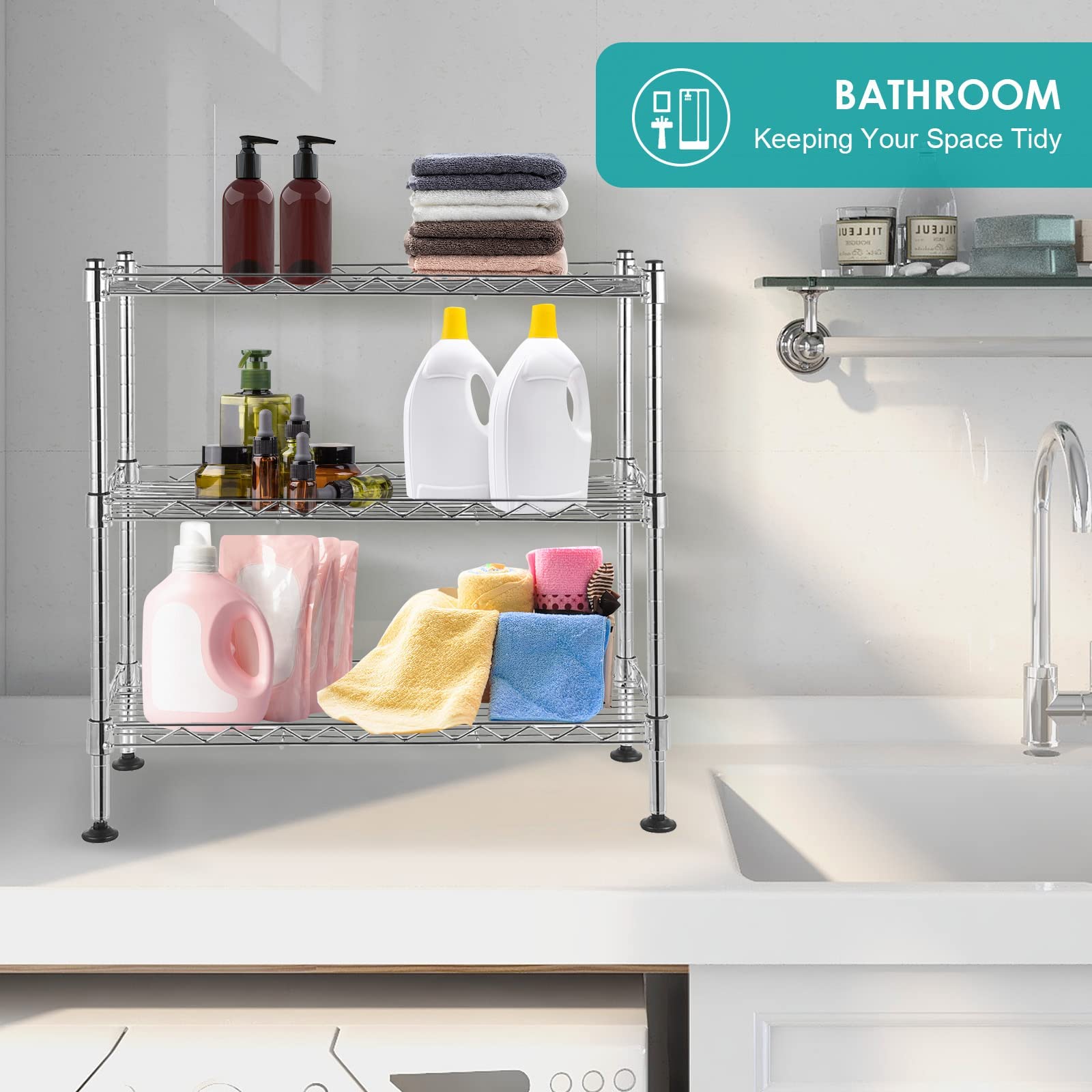 3-Tier Adjustable Metal Wire Shelf - Heavy Duty 200Lbs Capacity Storage Rack with Leveling Feet (8