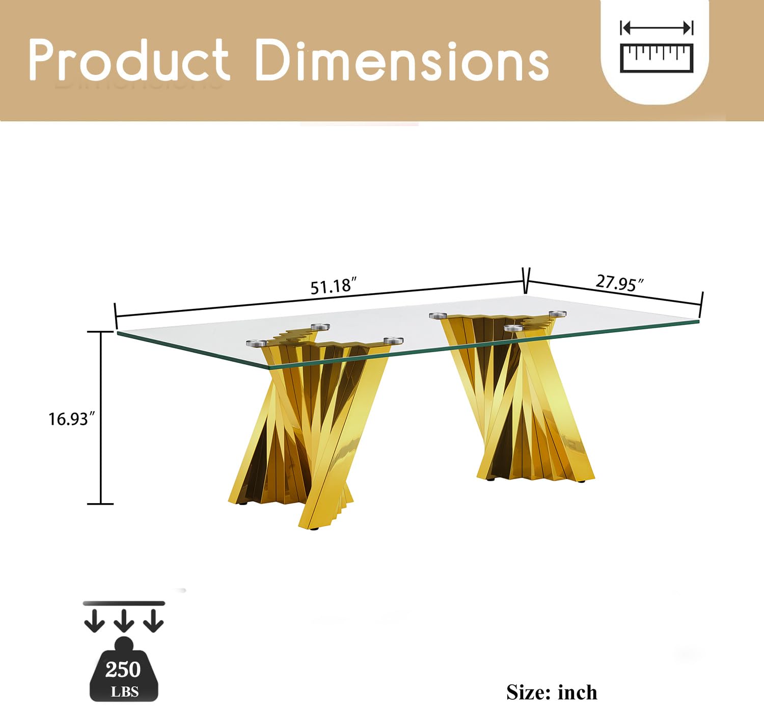 Premium 51in Rectangle Coffee Table Set with Tempered Glass Top & Gold Steel Base - Modern Living Room, Office, or Cafe Center Table for Cocktail Parties & Home Decor