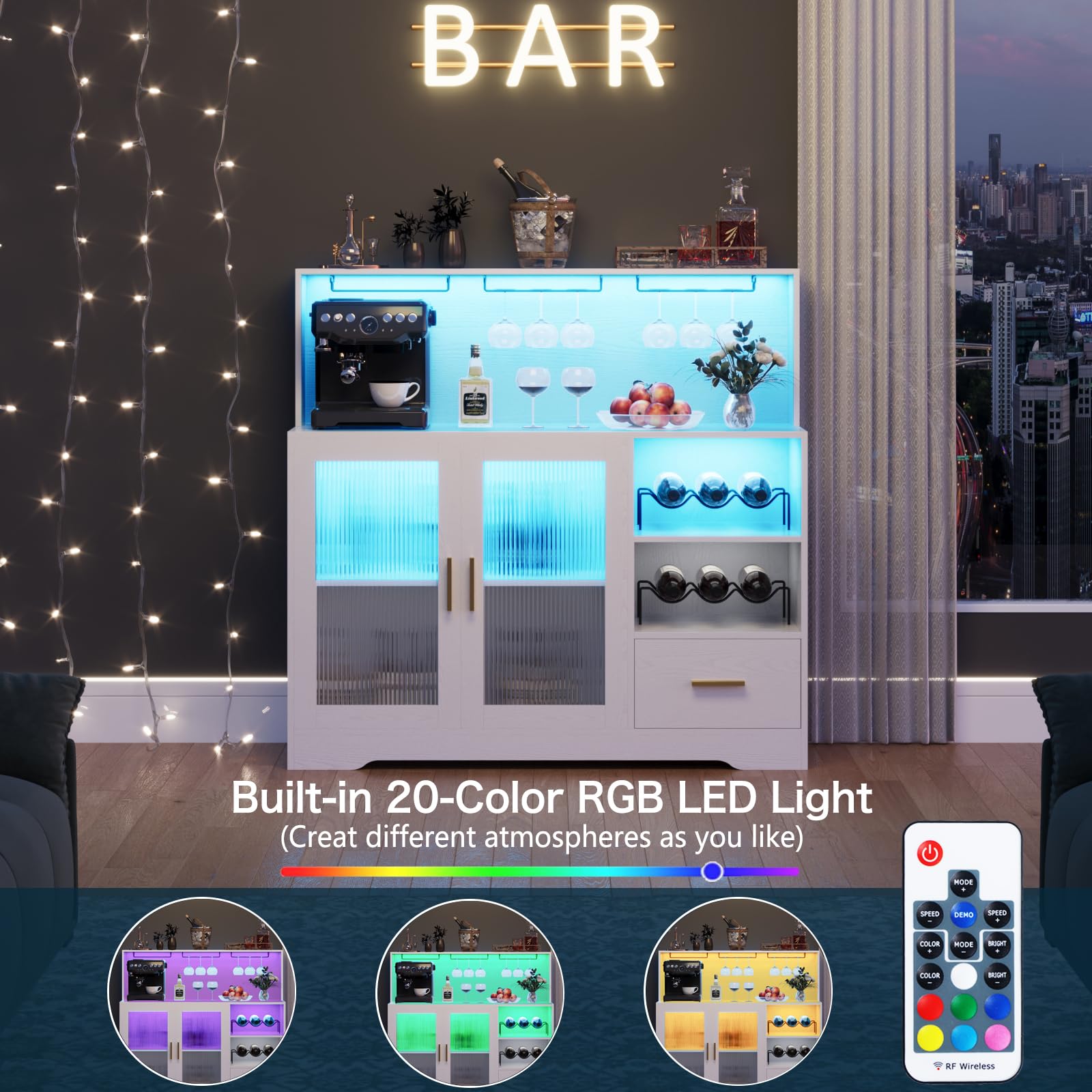 Modern White Large Wine Bar Cabinet with LED Lights, Wine & Glass Rack - Kitchen Coffee Bar Storage Buffet Sideboard with Drawers for Dining Room, Living Room & Home Entertaining