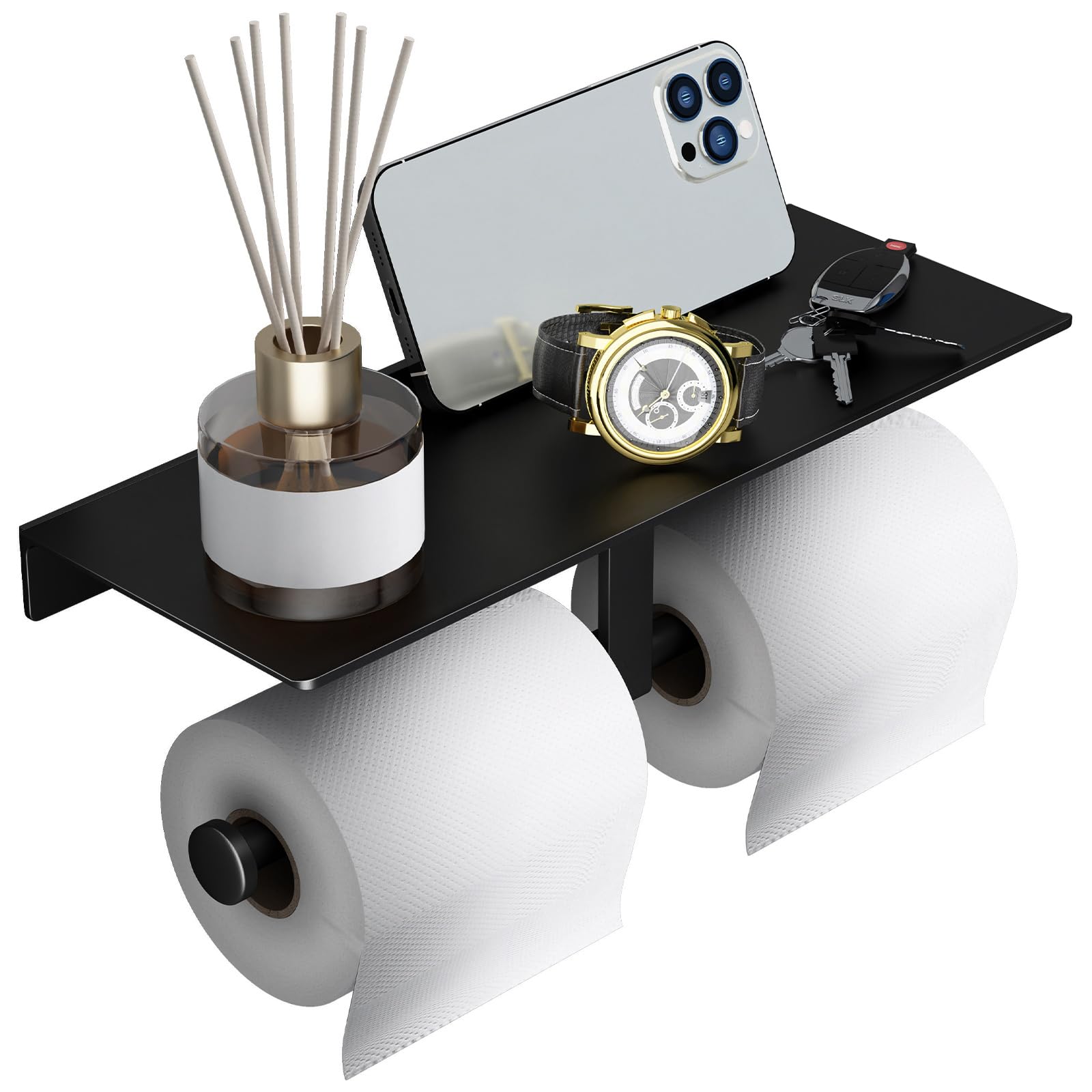 Danpoo Matte Black Toilet Paper Holder with Shelf - Wall Mounted Bathroom Organizer for Double Rolls | Space-Saving Bathroom Storage Solution for Small Spaces & Modern Homes