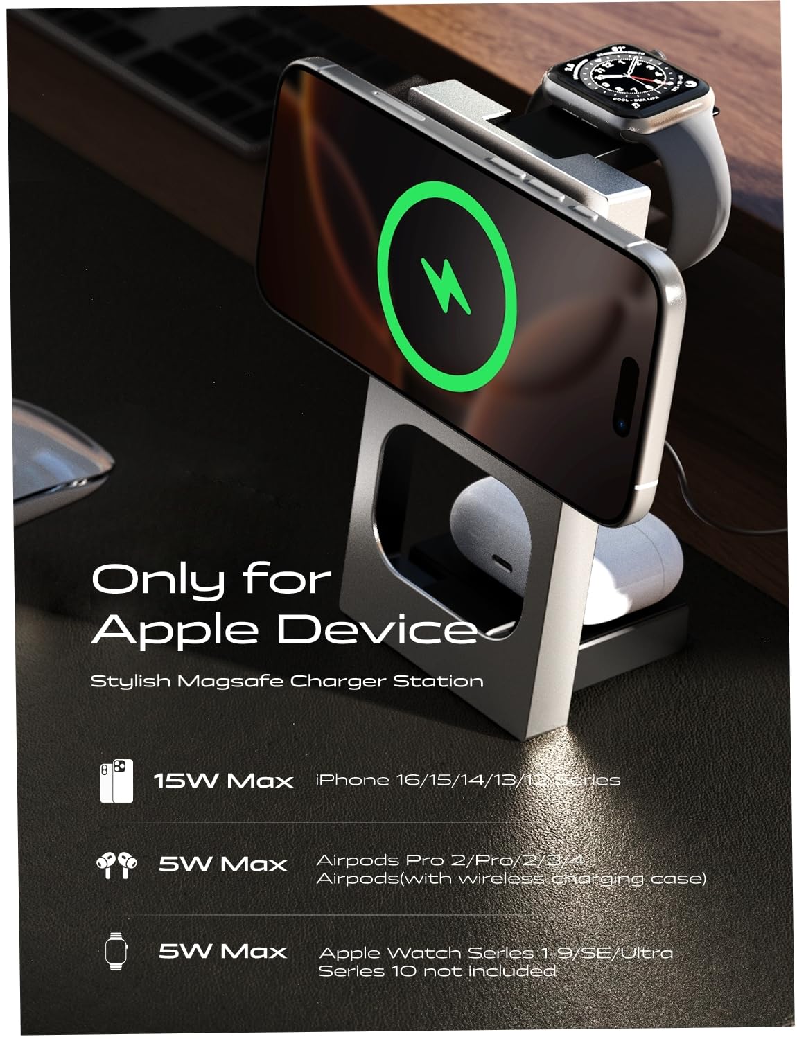 LISEN Qi2 MagSafe Charger 3-in-1 15W Fast Charging Station for iPhone 16/15 Pro Max, Apple Watch & AirPods - Gold | Wireless Charging Stand Dock with Magsafe Technology | Perfect for Home, Office & Nightstand Charging