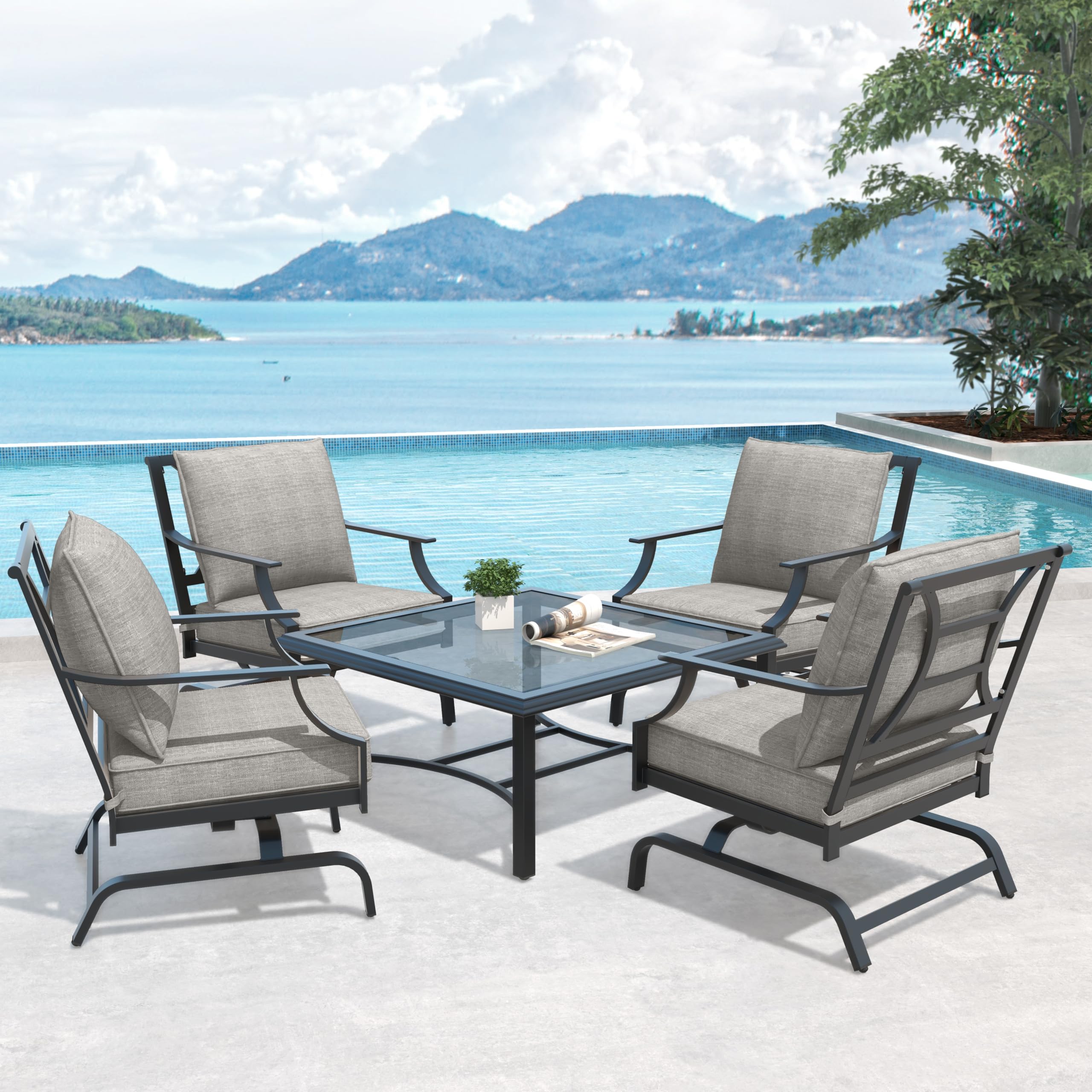 5-Piece Outdoor Patio Furniture Set with Motion Rocking Chairs & Coffee Table - Olefin Gray Cushions - Perfect for Porch, Backyard, Garden or Poolside Relaxation