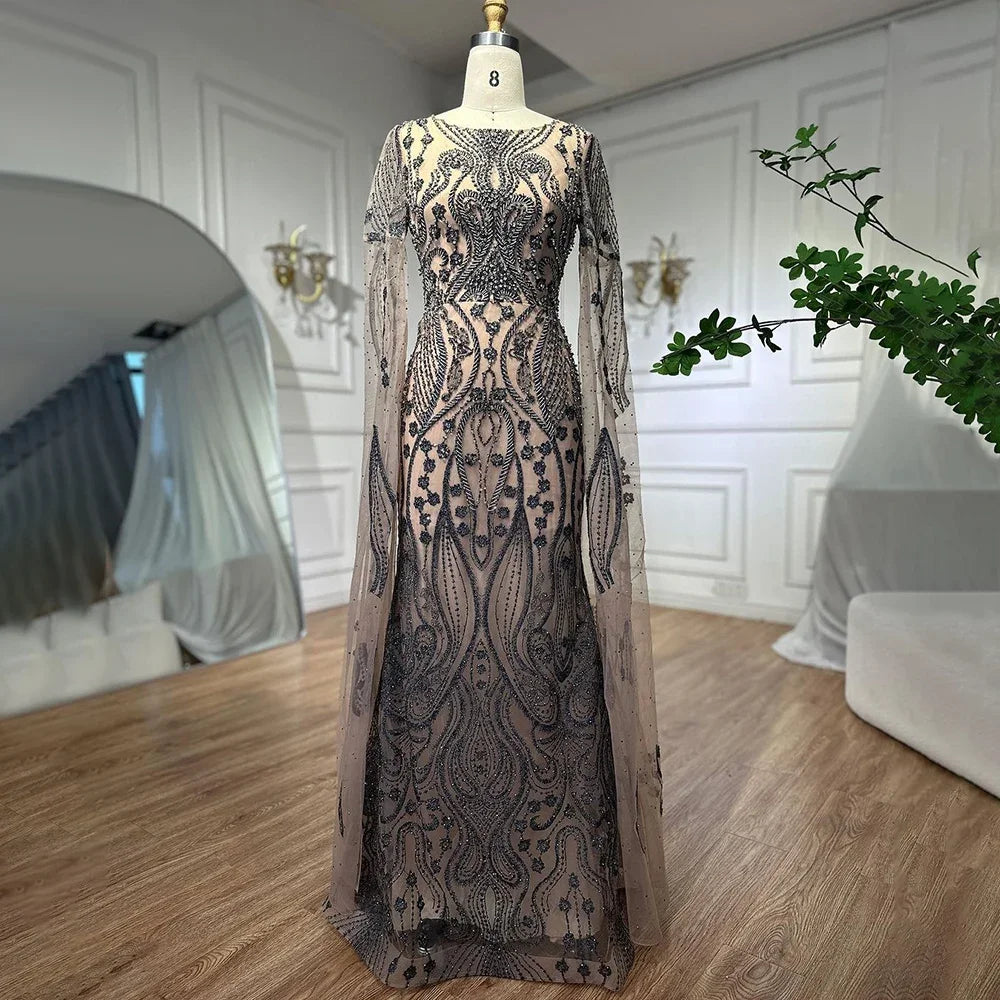 Elegant Beaded Arabic Mermaid Evening Gown with Cape Sleeves - Luxury Brown Party Dress for Women 2025 | Perfect for Prom, Gala, and Formal Events - LA71832