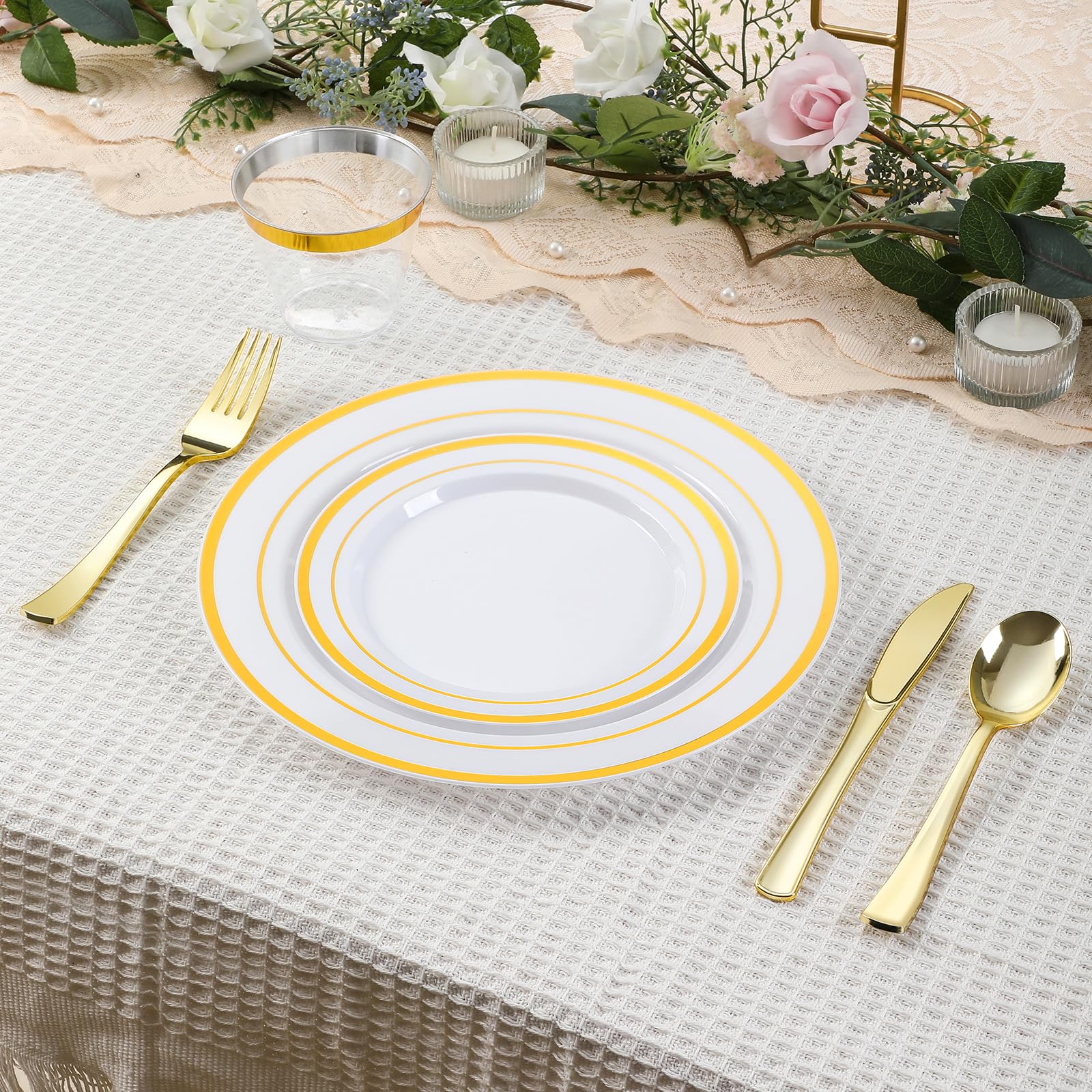 600-Piece Gold Plastic Dinnerware Set for 100 Guests - Disposable Plates, Forks, Knives, Spoons & Cups for Parties, Weddings, Birthdays - Elegant & Convenient for Large Gatherings & Events