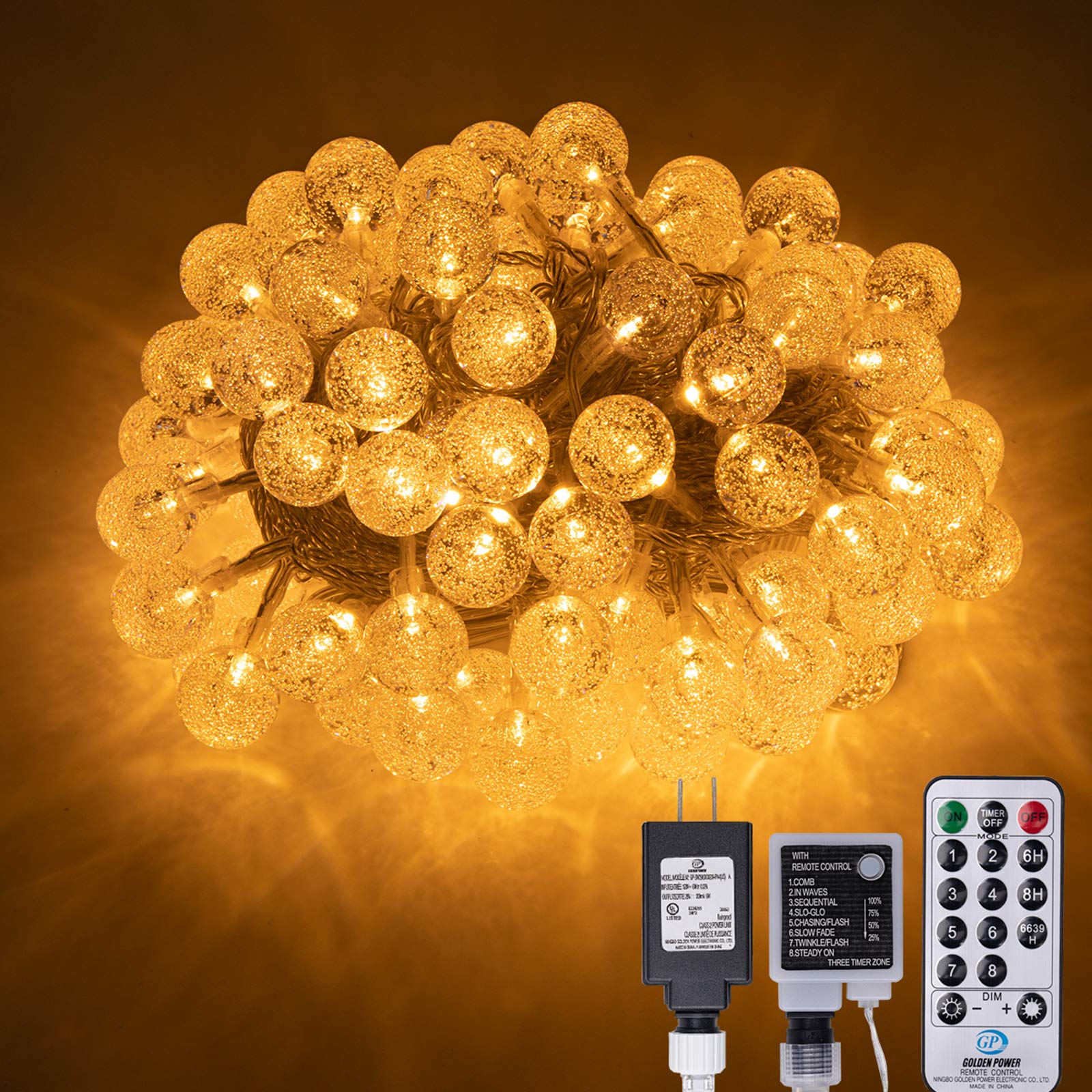 100 LED 49 FT Crystal Bubble Ball Fairy String Lights with Remote - 8 Lighting Modes, Extendable for Indoor/Outdoor Use - Perfect for Wedding Decor, Christmas Tree Lighting, Garden Party & Backyard Ambiance (Warm White)