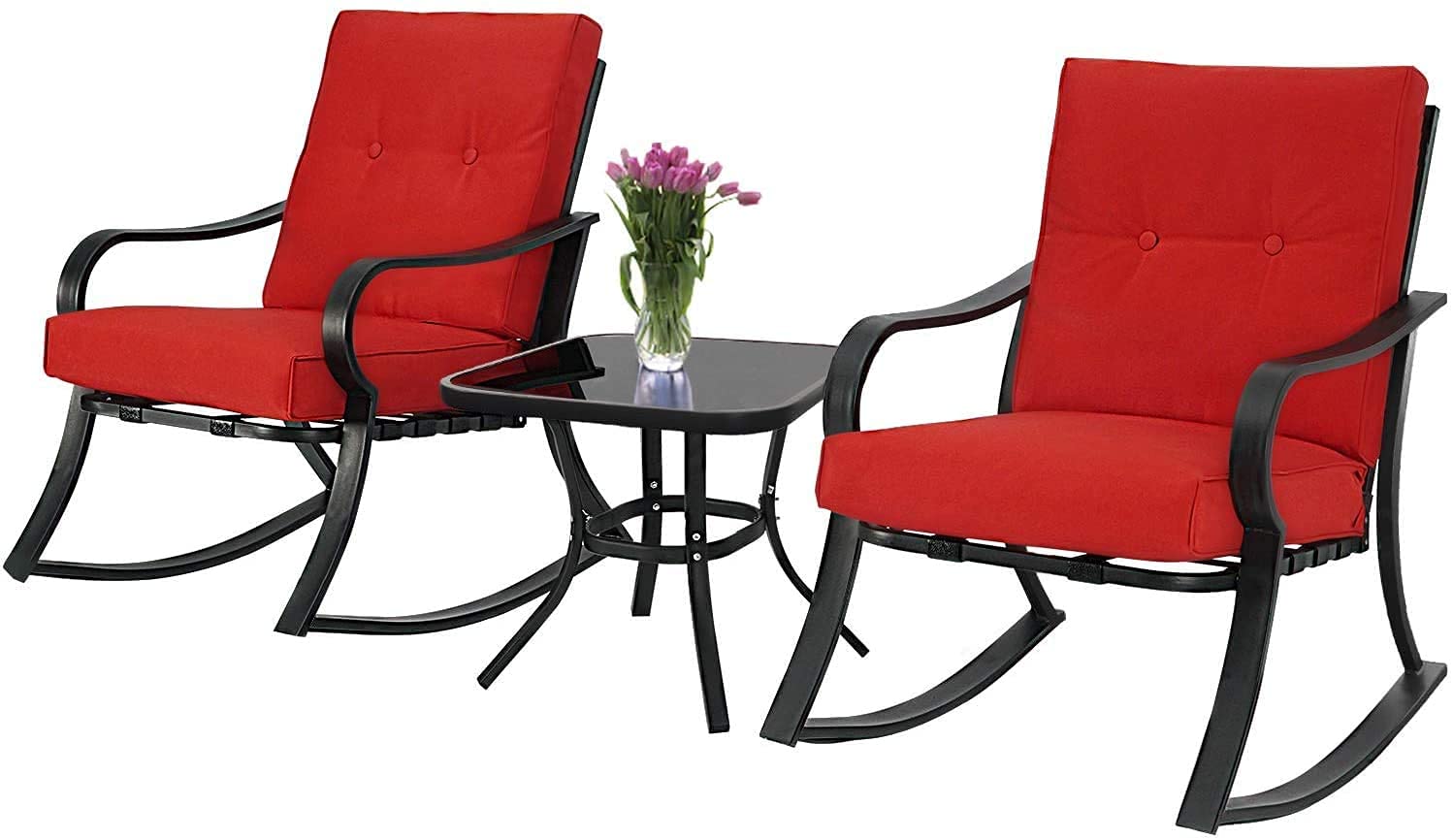 Betterland Outdoor 3-Piece Rocking Chair Set with Glass-Top Coffee Table & Thickened Cushions - Black Metal Patio Furniture for Garden, Porch, Backyard (Red) | Perfect for Relaxing, Entertaining & Outdoor Dining