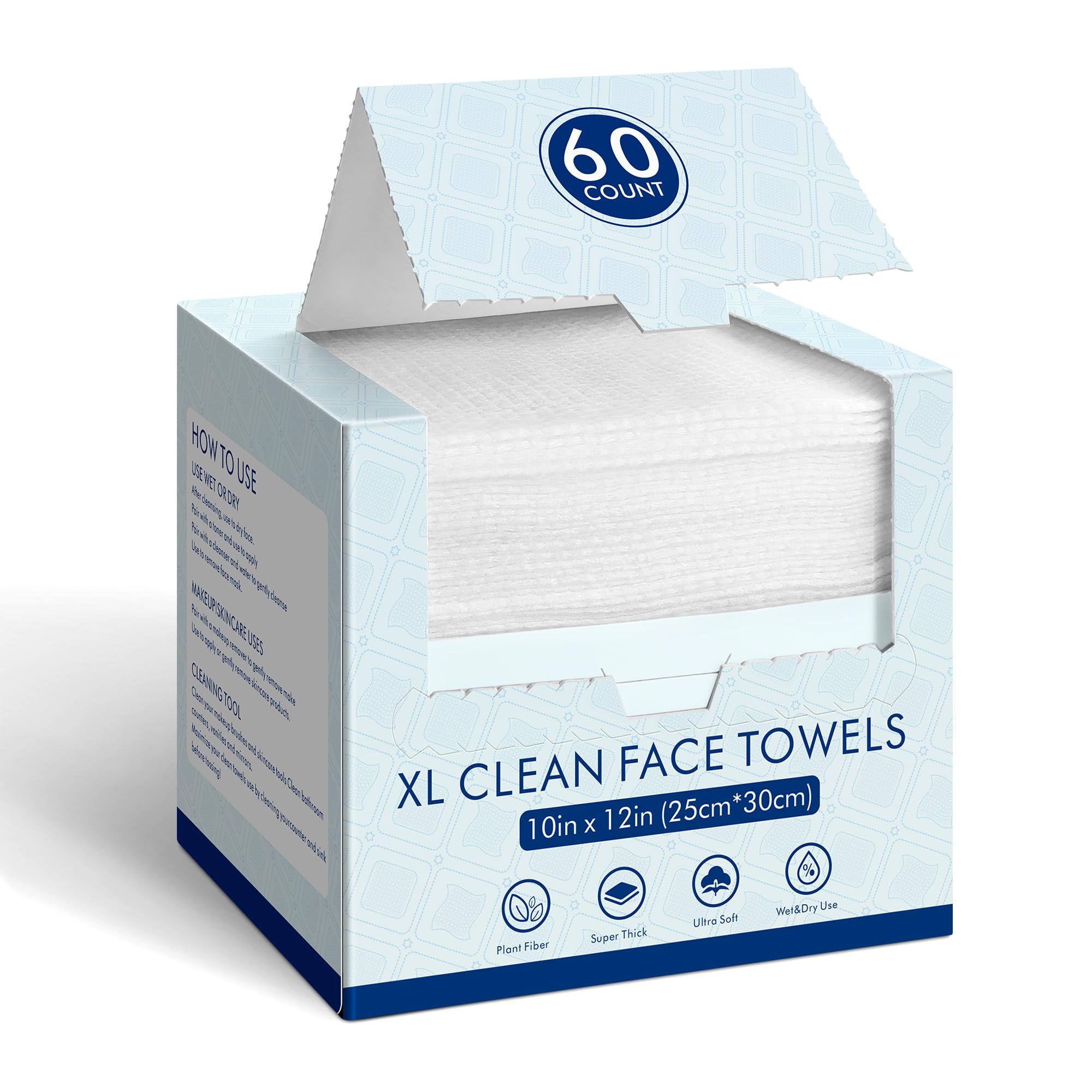 Biodegradable Disposable Face Towels 10x12 Inch - Soft & Skin Friendly Facial Cleansing Wipes for Makeup Removal, 60 Count Pack | Eco-Friendly, Gentle for Daily Skincare & Travel