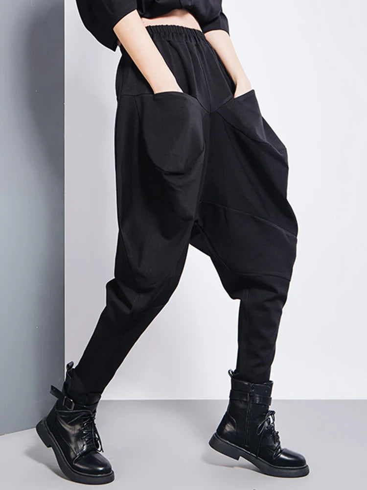 Big Pockets Spliced High Waist Harem Pants for Women - Loose Fit Fashion Trousers with Irregular Design, Trendy Spring & Autumn 2025 (Style 1DD2684) - Perfect for Casual Wear, Street Style & Boho Outfits